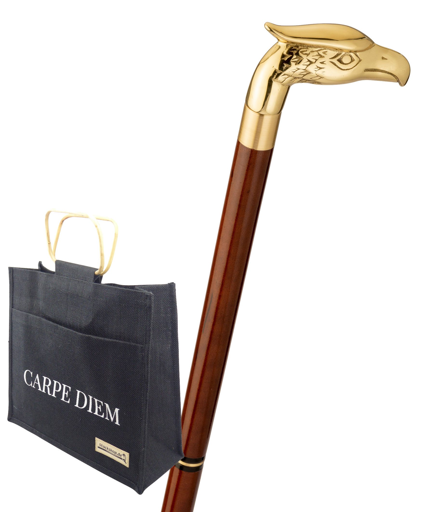 Stockshop Gehstock Reisestock mit Jutetasche, Hartholz, EAGLE, Tierkopf Vogel, Adler