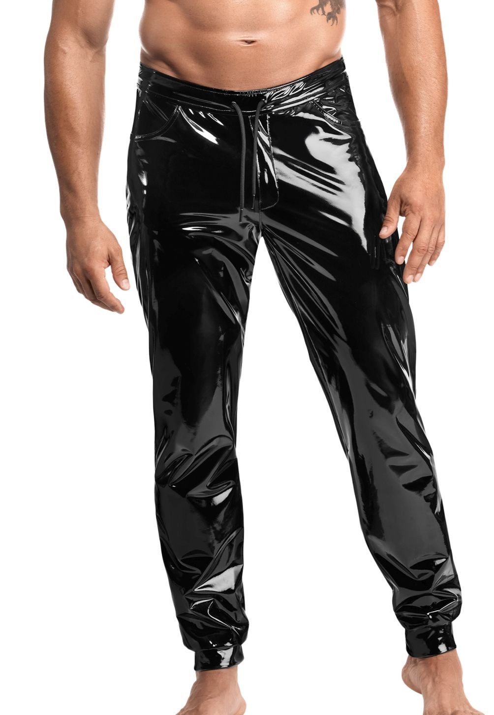 Noir Handmade Men Collection Lederimitathose Schwarze lange Herren wetlook Hose mit Lack glänzend elastischer Bund