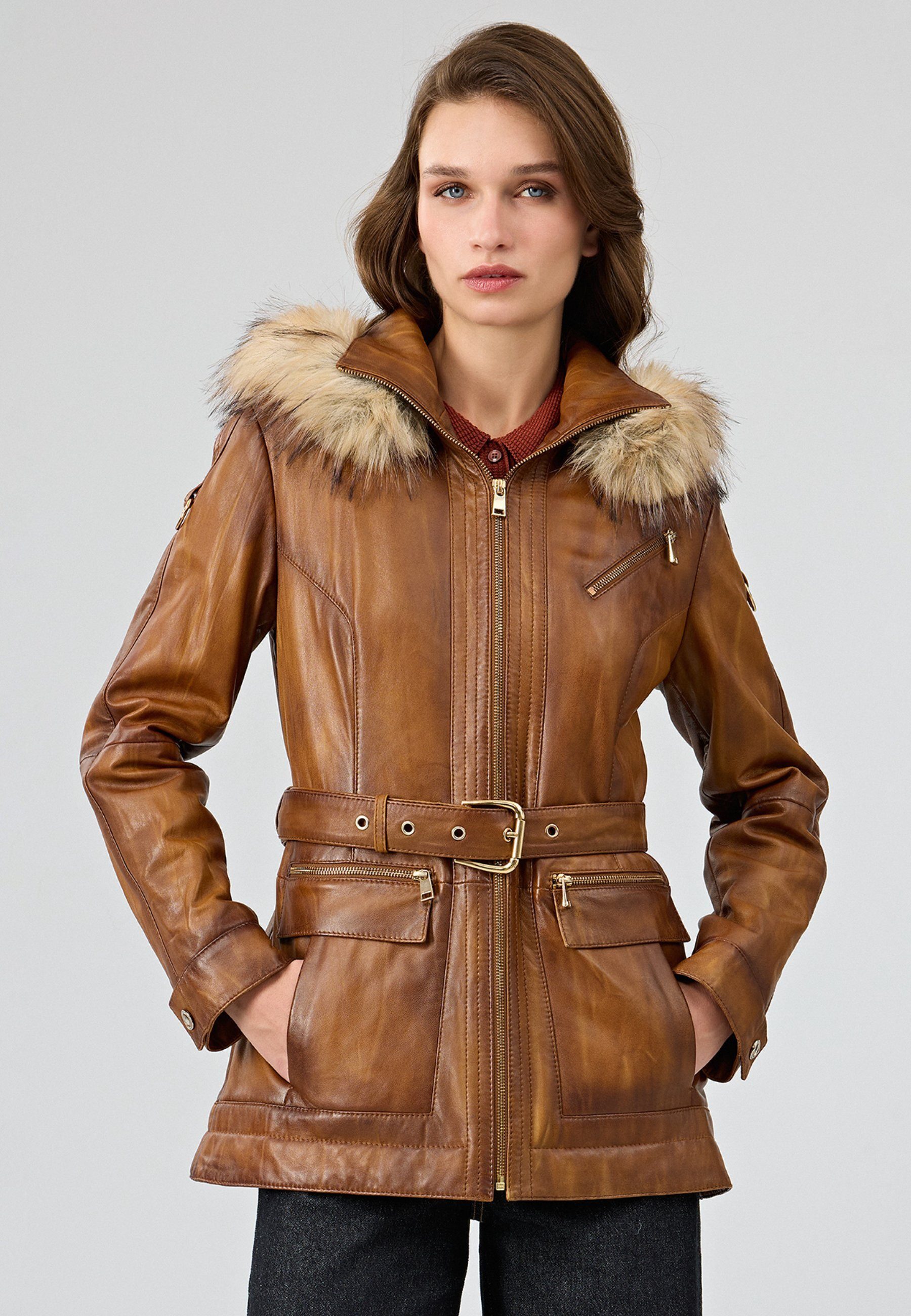 Lederjacke Donatella Mantel mit Gürtel
