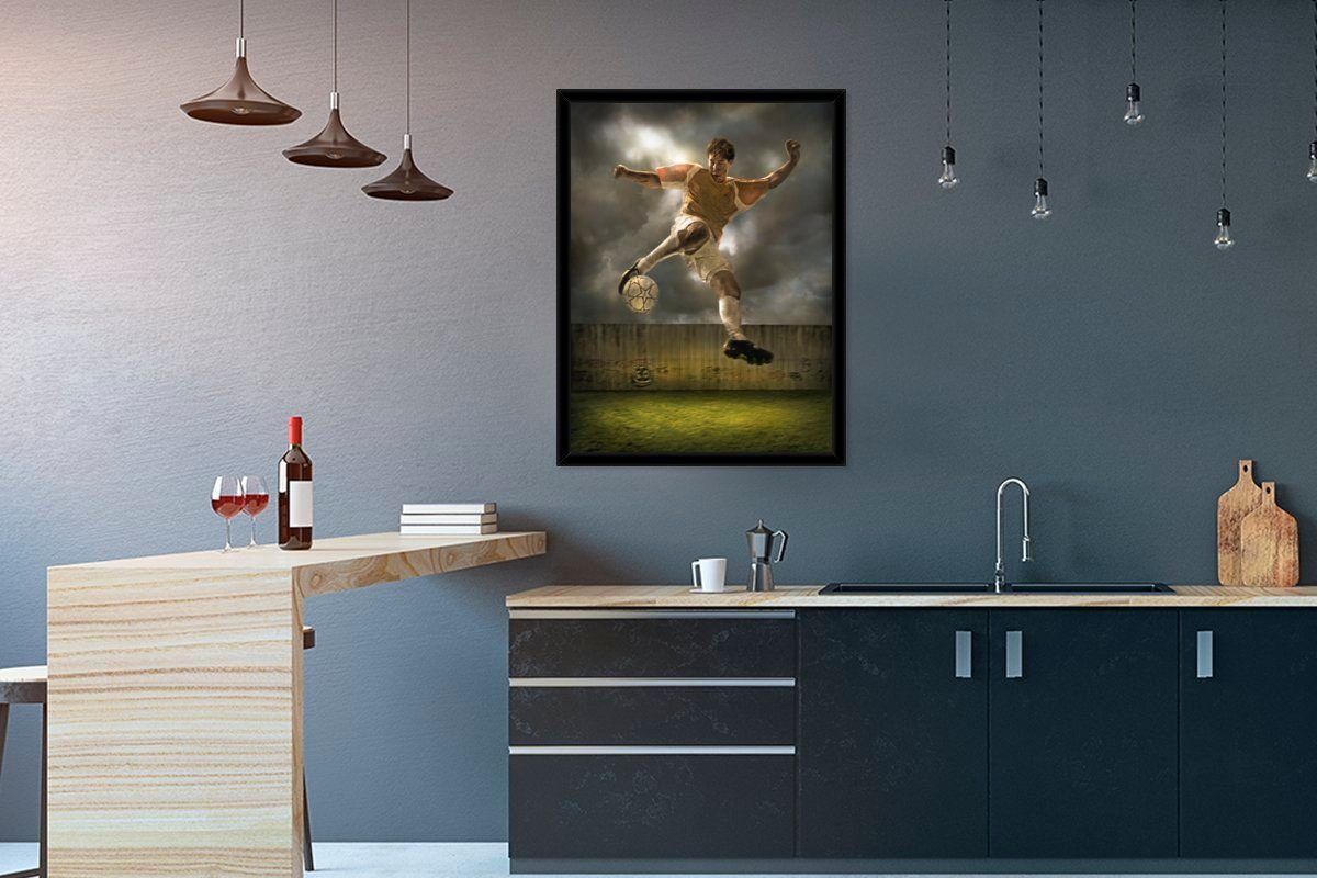 MuchoWow Poster Eine Illustration eines Fußballspielers, der den Ball schießt - Jungen, (1 St), mit Rahmen, Kunstdruck, Gerahmtes Poster, Schwarzem Bilderrahmen