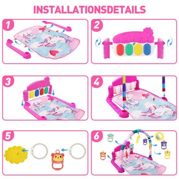 Cbei Spielbogen Spielbogen Krabbeldecke, Musik Spieldecke mit Klavie und Sound Rosa, (Paket enthält: 1 x Baby-Gymnastikmatte, 1 x erhöhter Bogen, 5 x Hängeglocken, 5 x Befestigungsringe, 1 x Schachtel), Montage und Demontage in wenigen Minuten