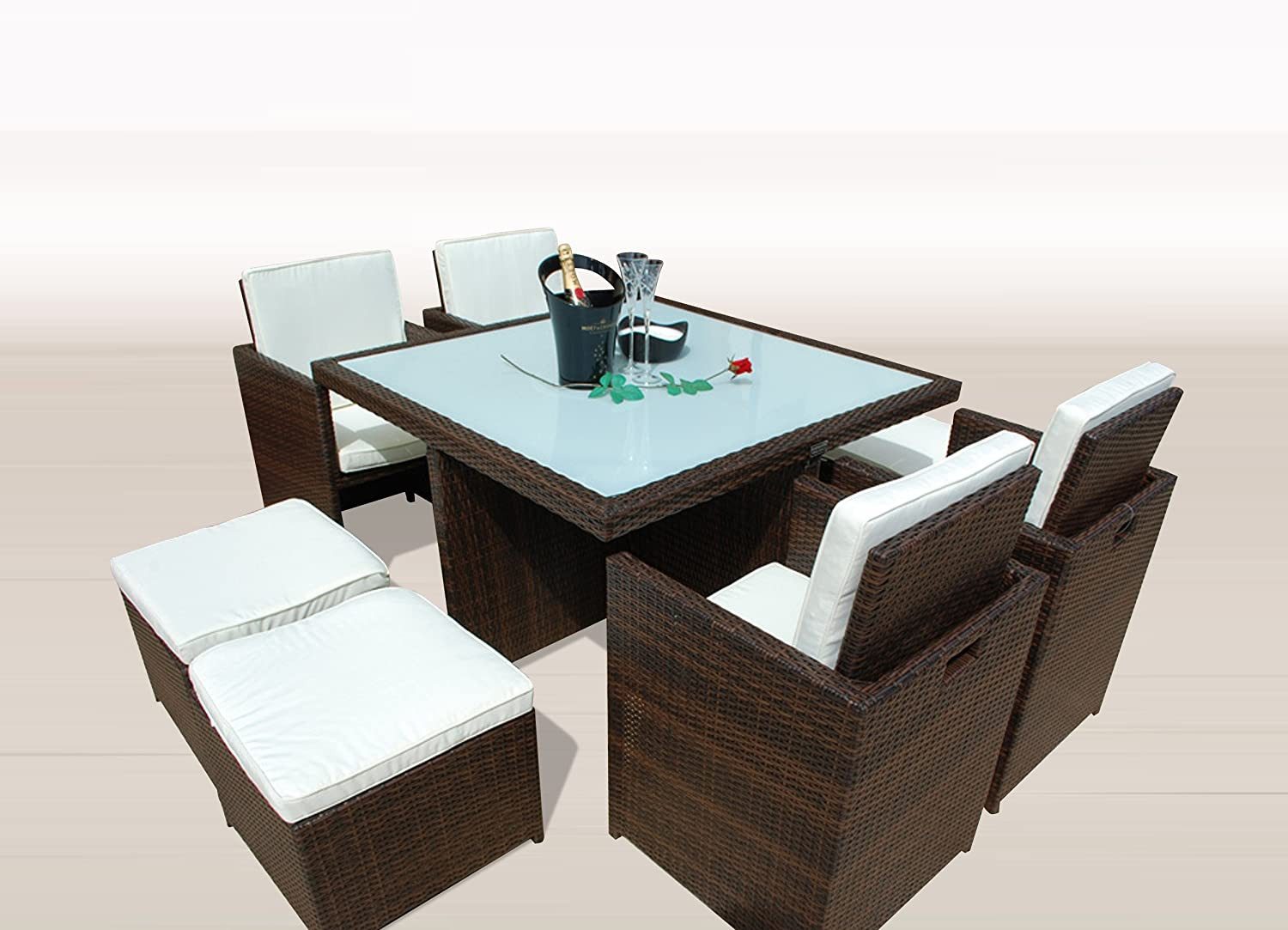 Ragnarök Möbel-Design Garten-Essgruppe Heimdall Esstisch Set 4+4, (Set, Polyrattan, Alu, Würfelsystem), Würfelsystem, klappbare Rückenlehne