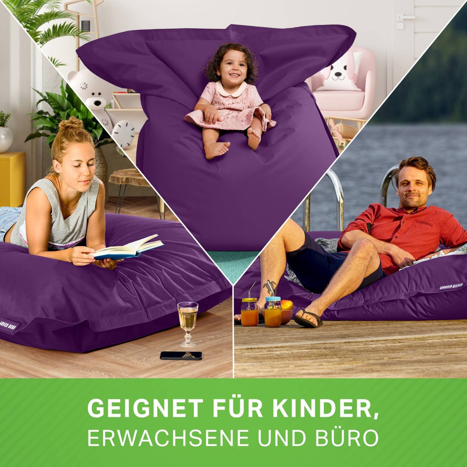 Green Bean Sitzsack XXL Outdoor Sitzsack Square 140x180cm (XXL Riesensitzsack 140x180cm 380 Liter Kinder & Erwachsene Bean Bag EPS Perlen Füllung, Groß Draußen Outdoor Liegekissen), Waschbar Wetterfest Lounge Sitzkissen Bodenkissen
