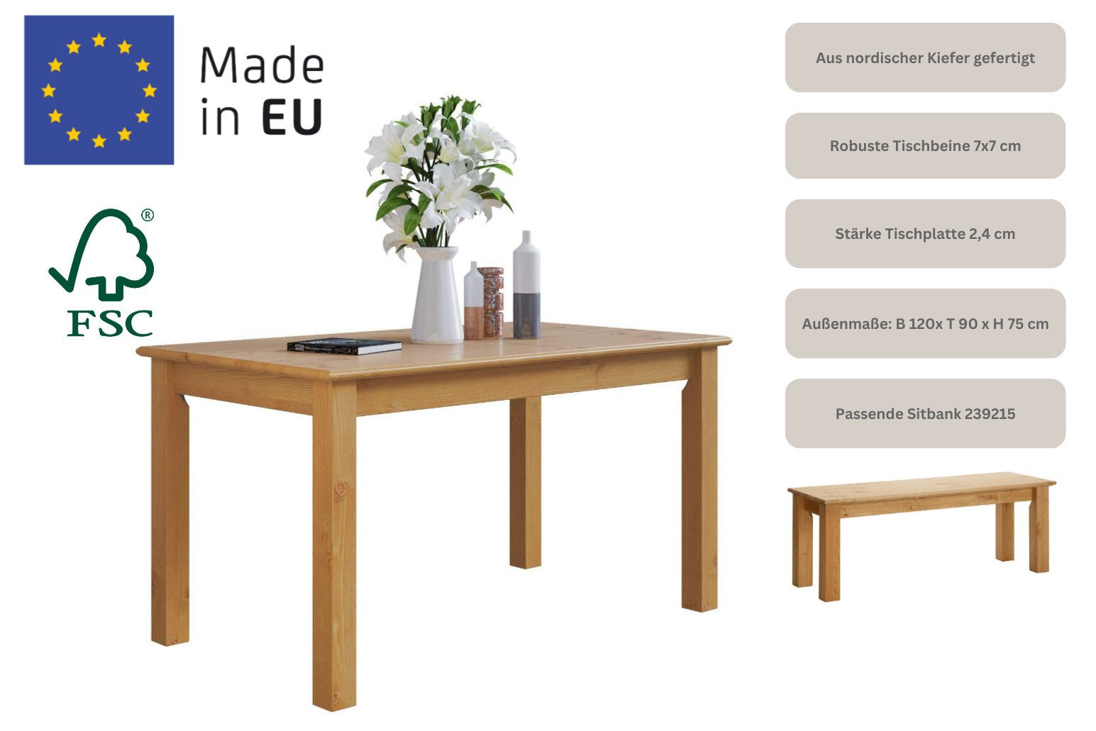 OTTO home Esstisch Konrad, Tisch, Speisetisch, Esszimmertisch, aus FSC®-zertifizierter Kiefer, in Breiten 120/140/160 cm