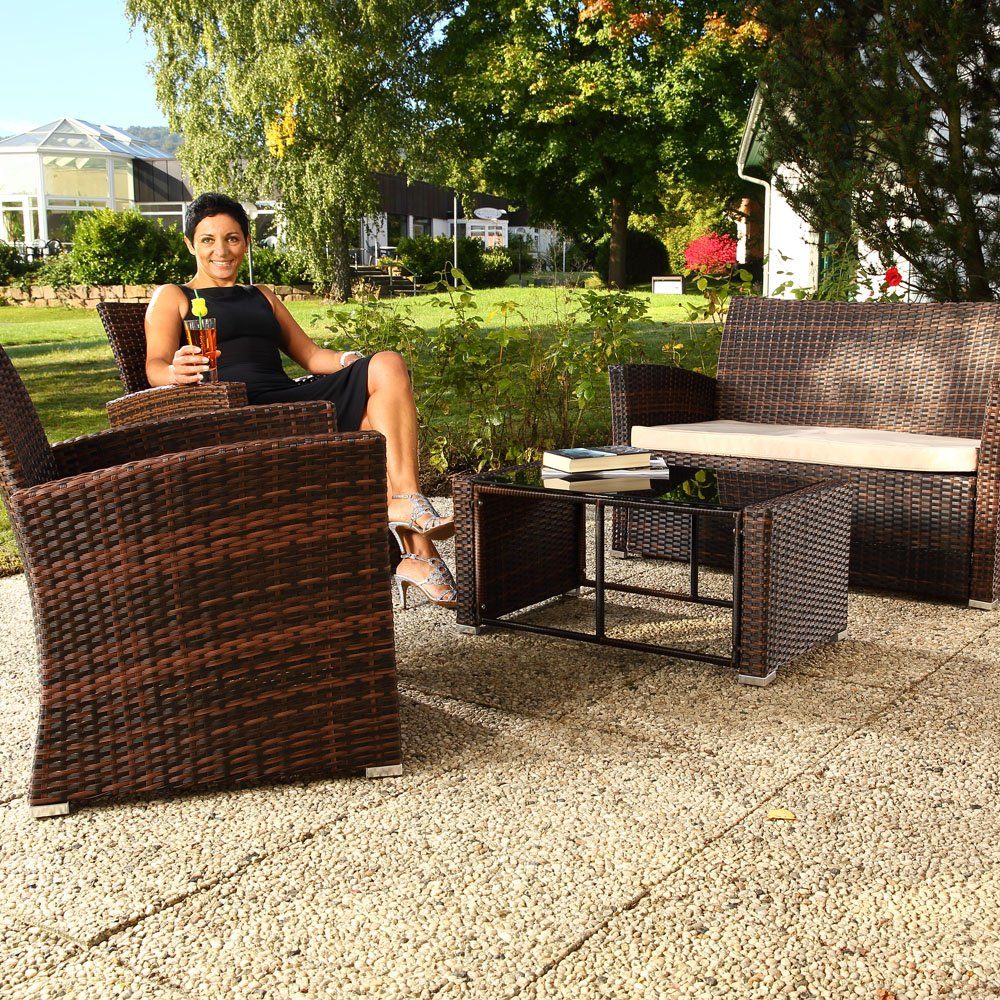 Mucola Sitzgruppe Sitzgruppe Polyrattan Gartenmöbel Set Sitzgarnitur Gartenset Lounge, (Set, 4-tlg., 2x Stühle, 1x Tisch, 1x Bank), Polyrattan