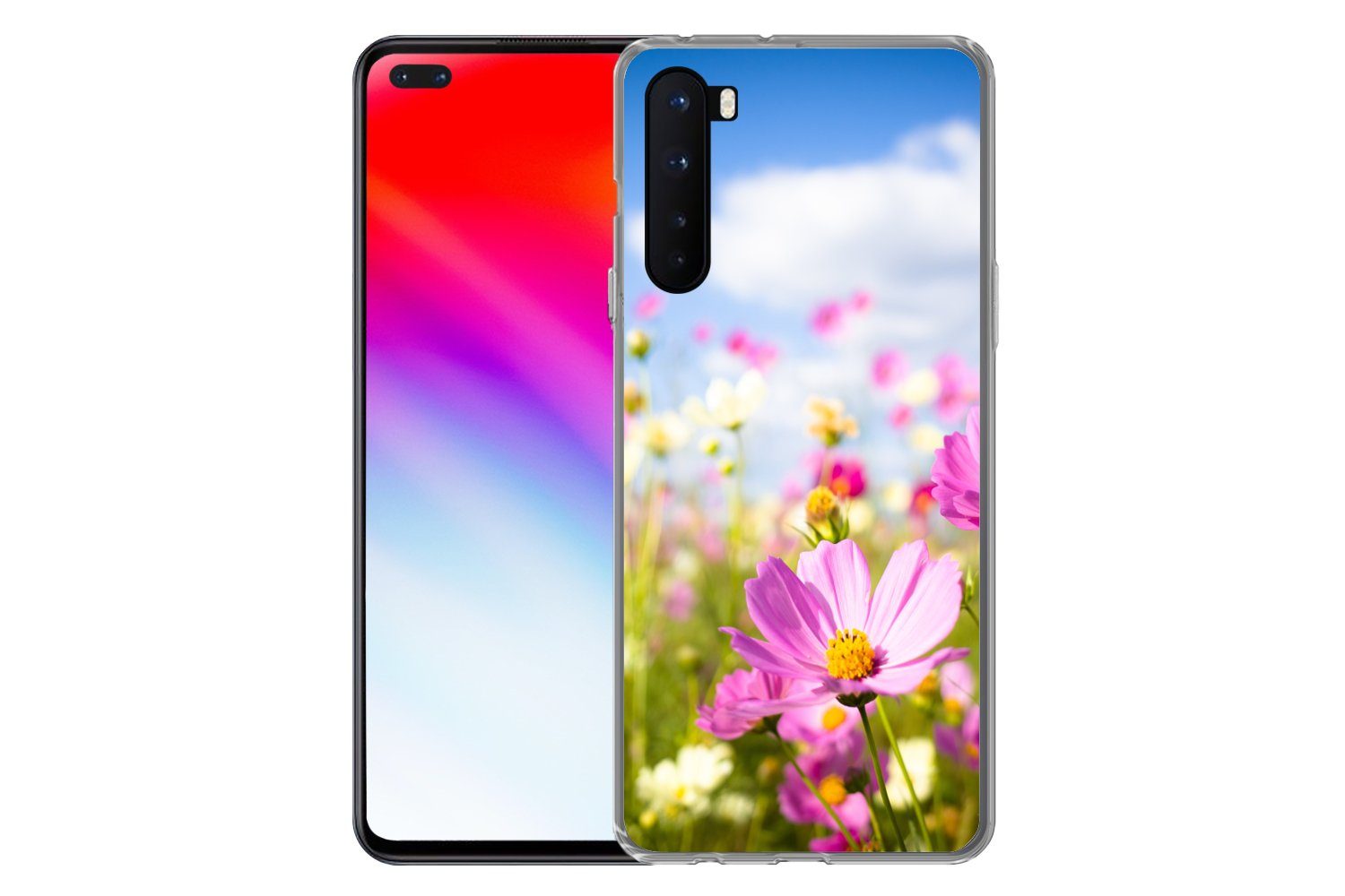 MuchoWow Handyhülle für OnePlus Nord Blumen - Wiese - Lila - Gras - Weiß - Wolken - Blau, Phone Case, Silikon, Schutzhülle Dünn