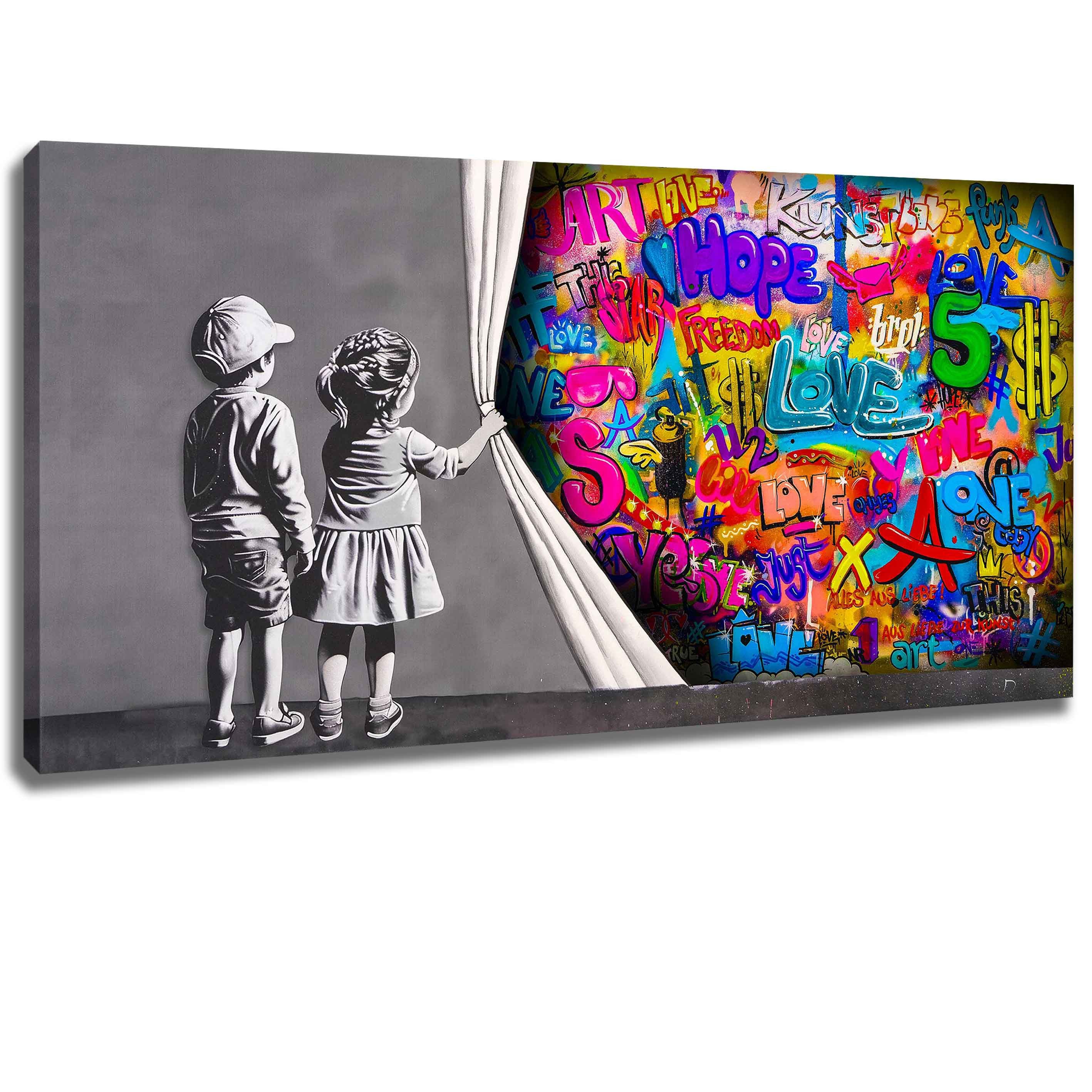Leinwando Leinwandbild Gemälde Banksy 2 Kinder hinter Vorhang - Strong Bord günstig online kaufen
