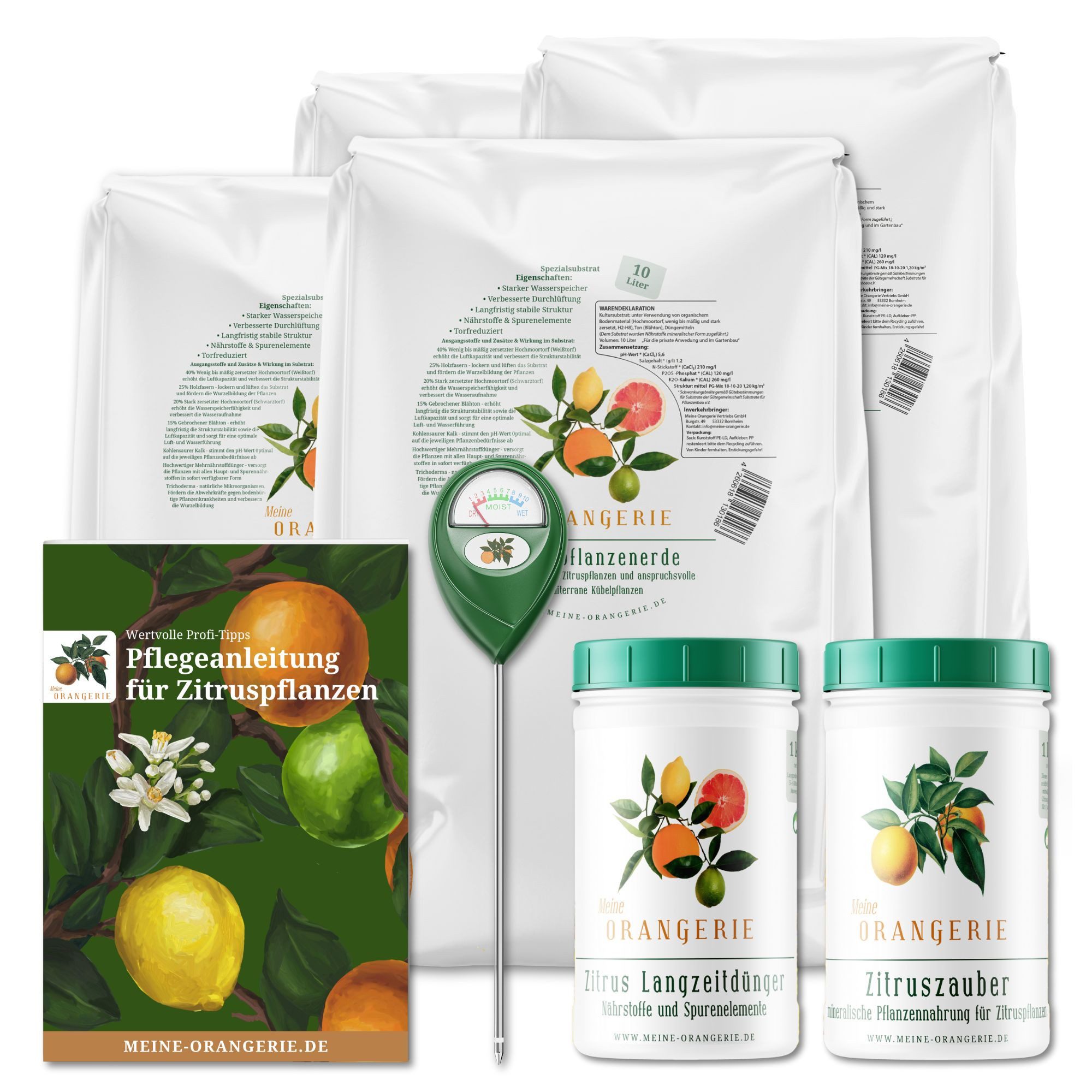Meine Orangerie Gartenpflege-Set Citrus Pflegepaket Grande - großes Pflegeset für Zitruspflanzen, inkl. Zitrusdünger, Zitruserde, Feuchtigkeitsmesser & Pflegebroschüre