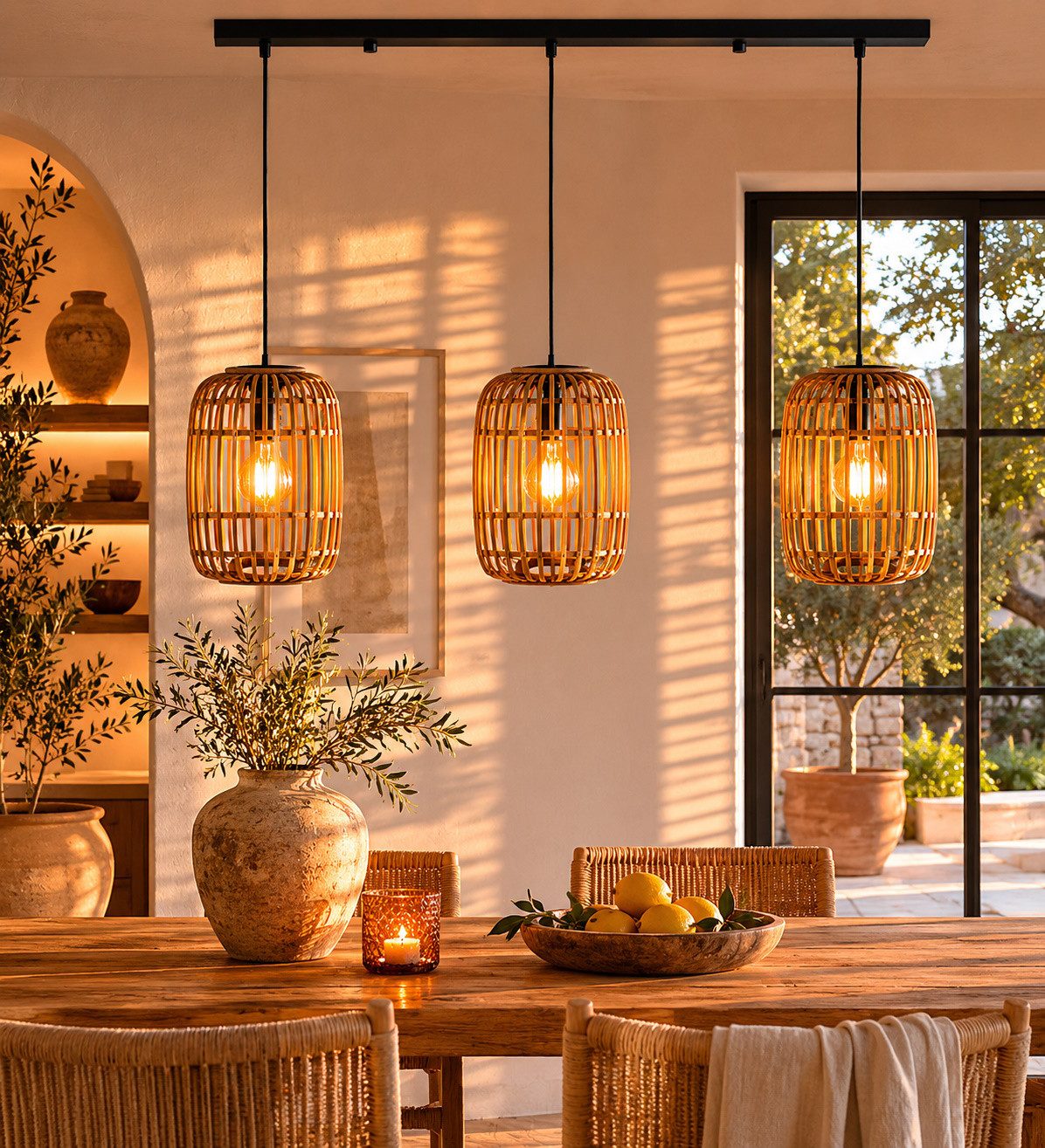 Vintagehaus Hängeleuchte Scandi Hängelampe Rattan Ibiza 3er