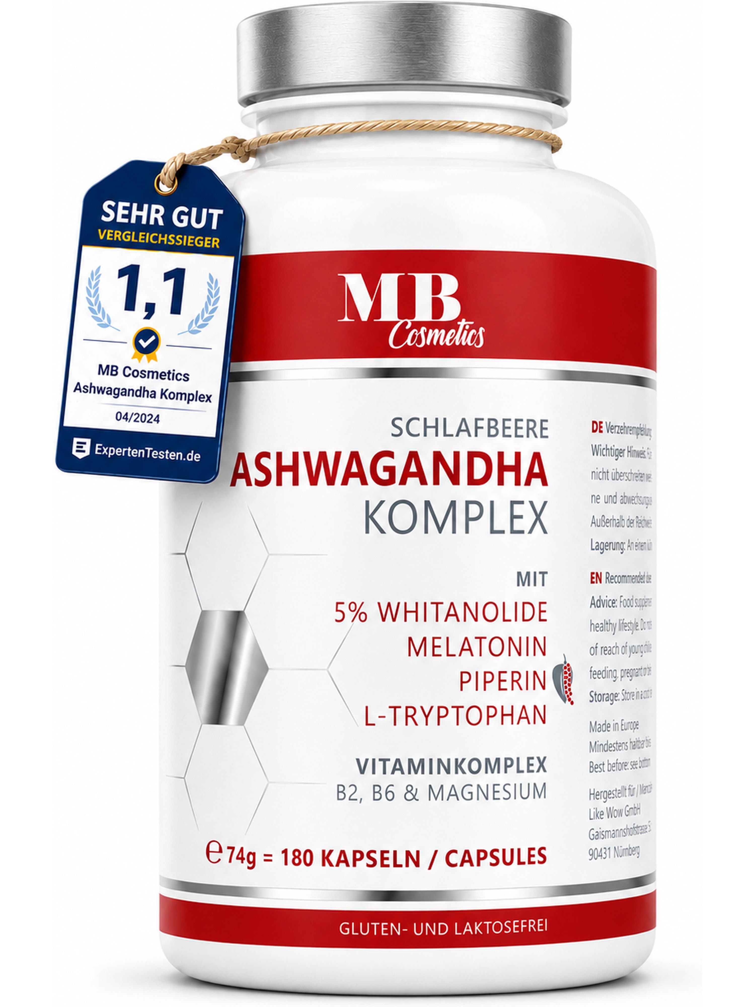 Medical Beauty Cosmetics Bio Ashwagandha KSM-66 mit Melatonin, Magnesium, Vegan, 180 Kapseln, 1 er Packung à 74 g, KSM-66® Wurzelextrakt, 5% Withanolide, ind. Schlafbeere, laborgeprüft
