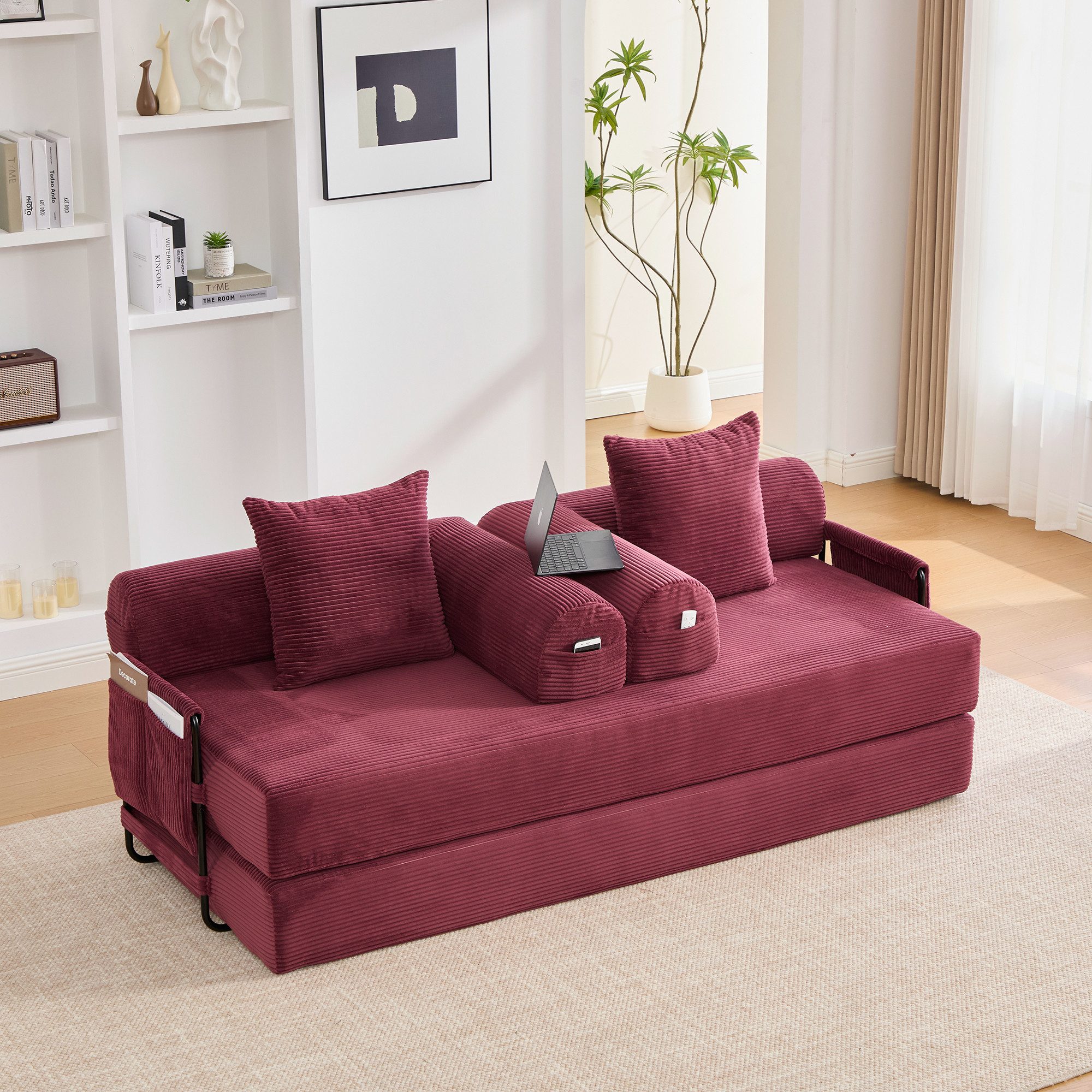 OKWISH Sofa Loungesofa Kindersofa, Stoffbezug, inklusive 3 Kissen und praktischen Seitentaschen, flexibel kombinierbar zur individuellen Loungegestaltung