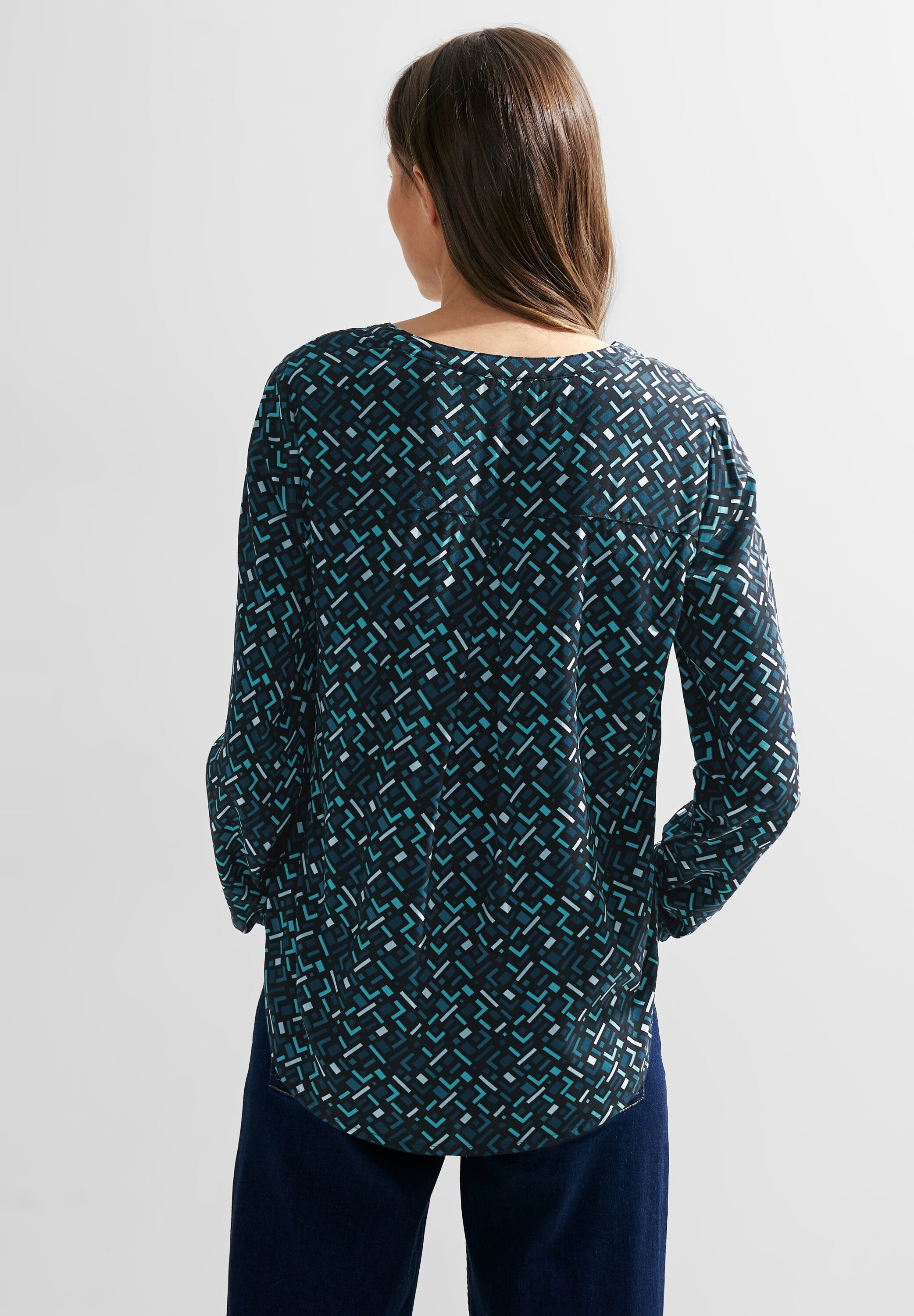 Cecil Langarmbluse Minimal Print Blouse, Rundhalsausschnitt mit Geschlitzter Bindeband