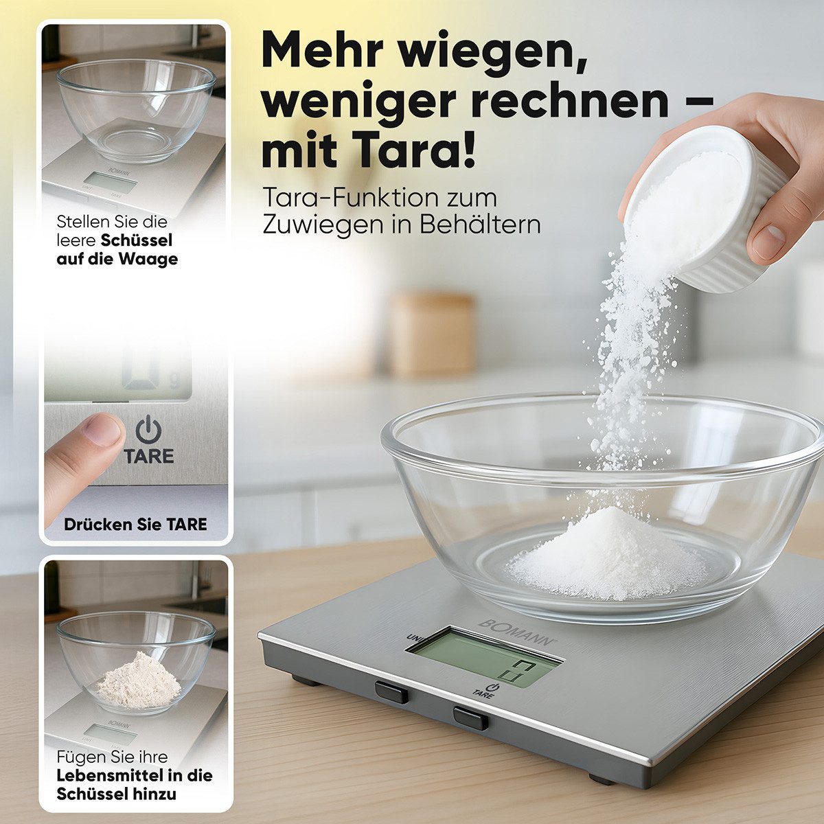 BOMANN Küchenwaage KW 6086 CB, Küchenwaage, 1gr. Schritte, Tara Funktion
