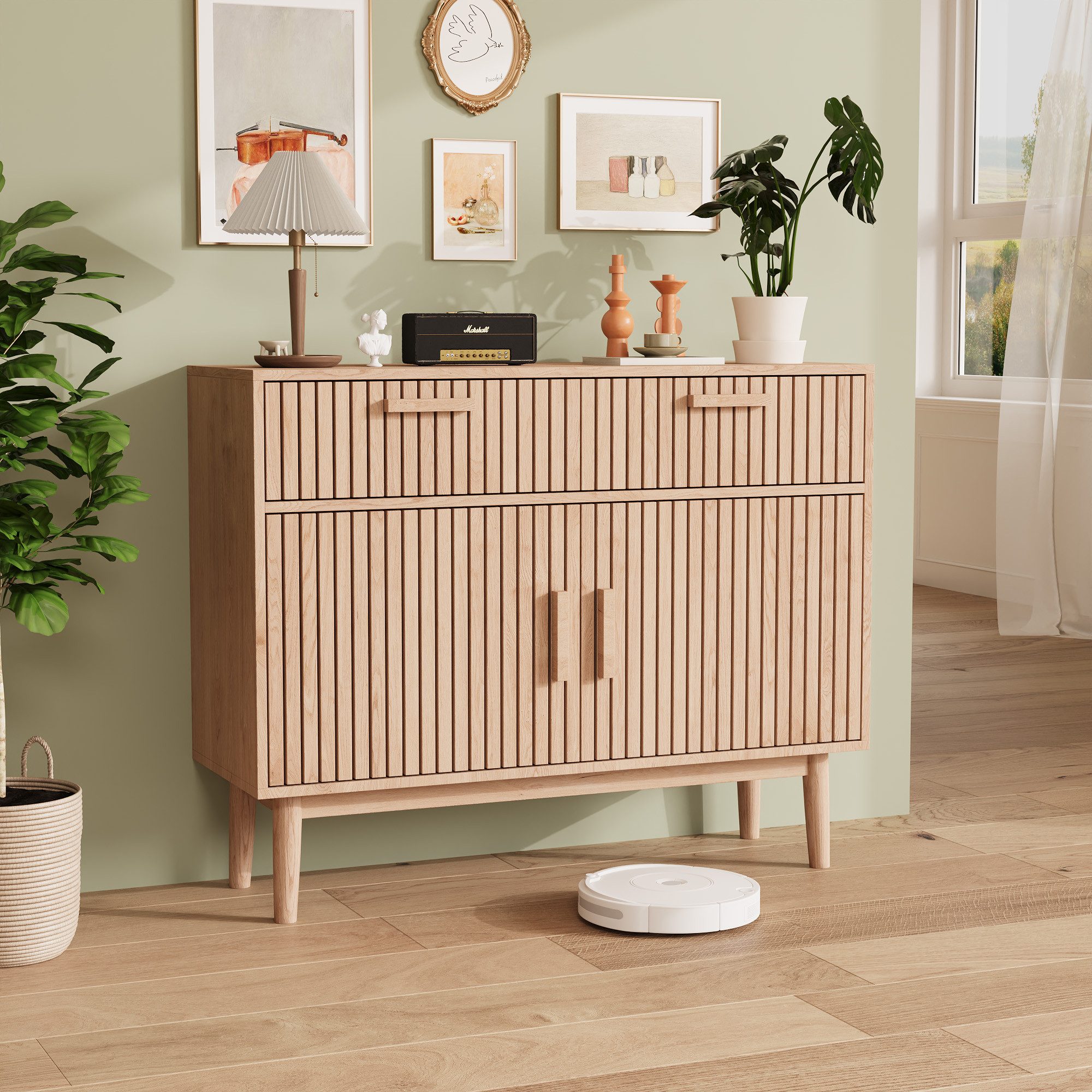 FUROKOY Sideboard Kommode Mit rutschfesten Tischbeinen und Kippschutzvorrichtung, 100x35x80 cm,2 Schubladen und 2 Türen,Geräuscharmem Dämpfungsschlitten