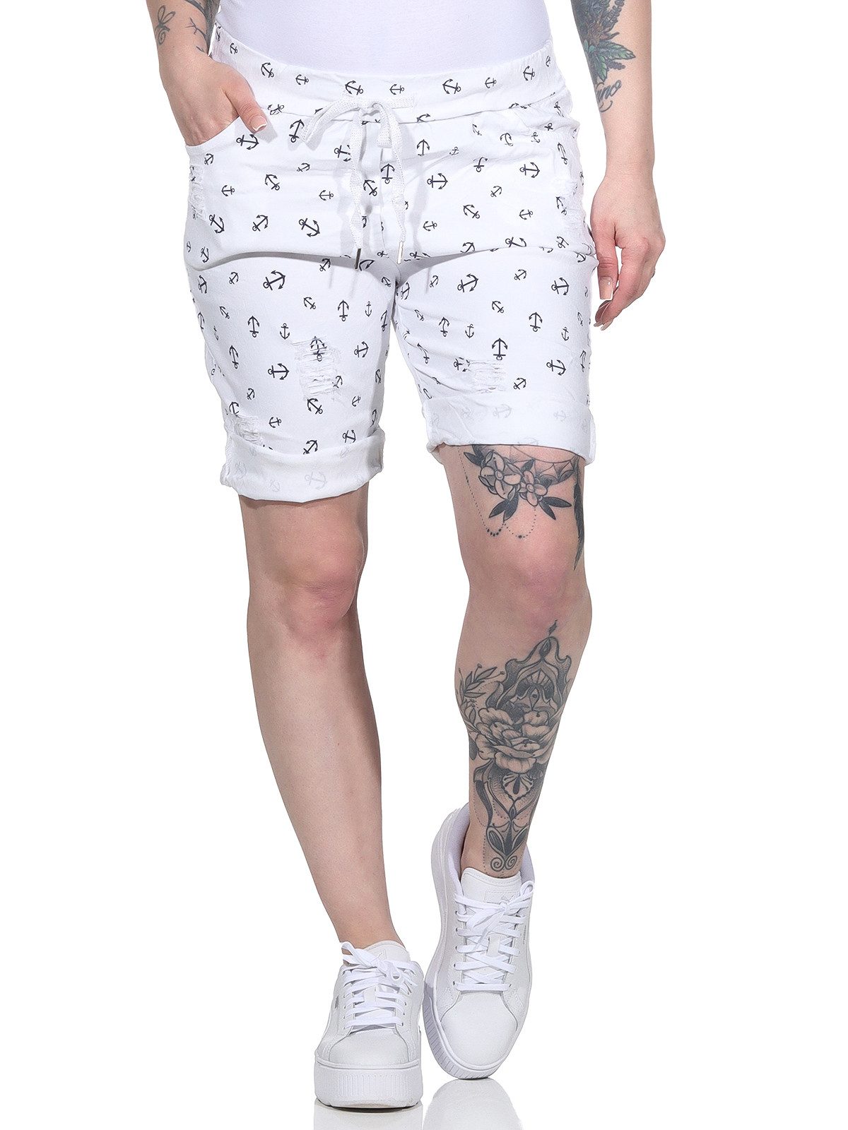 Aurela Damenmode Chinoshorts Kurze Damen Hose Sommer Chino maritime Bermuda moderne Knitteroptik, Vintage, mit Gummibung & Kordelzug