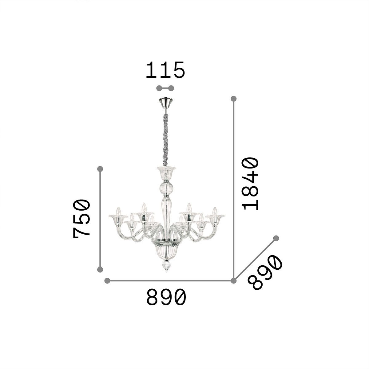 Ideal Lux Kronleuchter Ideal Lux Brigitta SP8 Glas Kronleuchter 8-flammig, Ø: 89 cm, LED wechselbar, Hängeleuchte