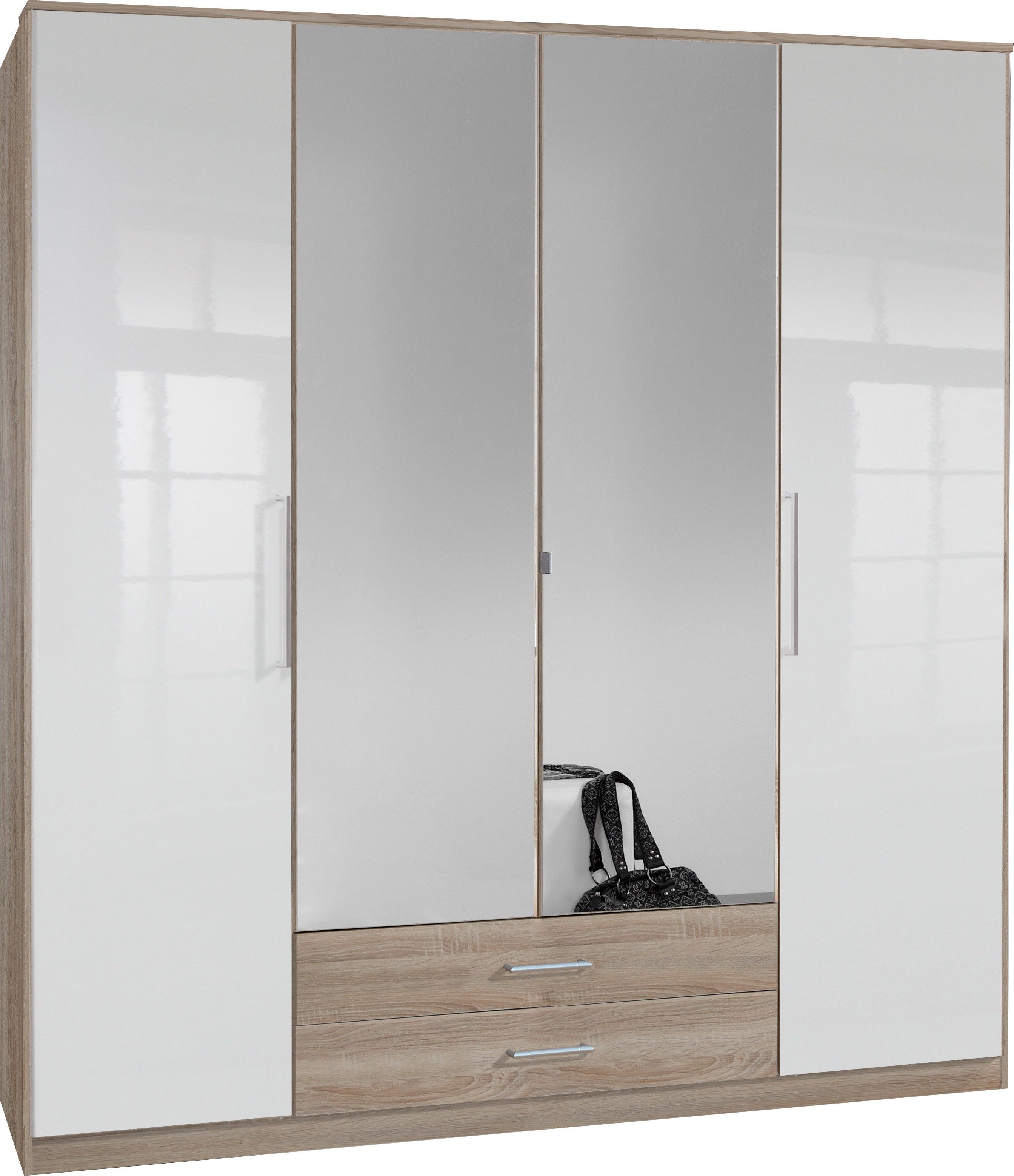 möbel-direkt.de Kleiderschrank Greven in Weiß Hochglanz Lack mit Eiche Sägerau (komplett, 1-St., Drehtürenschrank, Eckkleiderschrank) Made in Germany, Hochglanz-Lack-Front