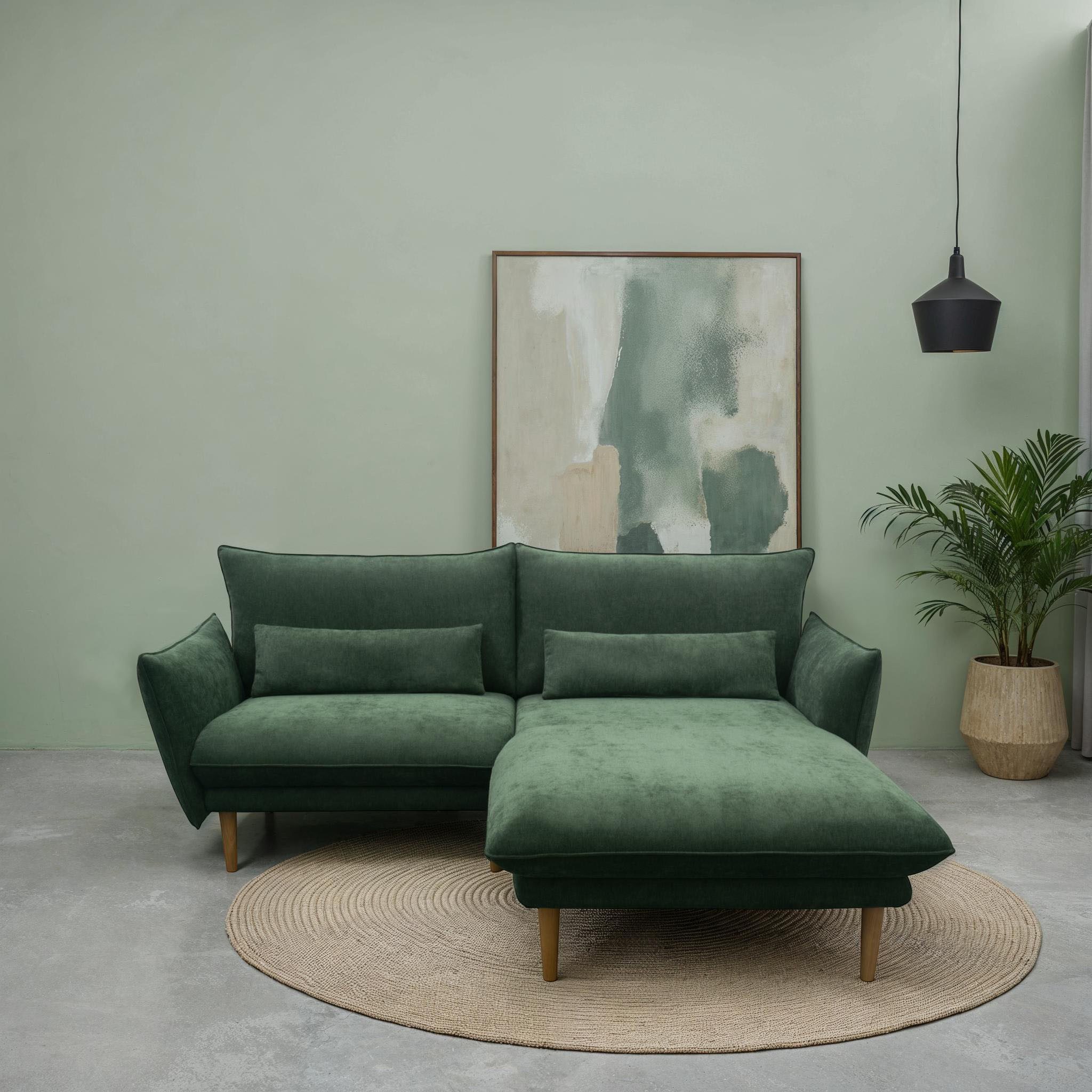 DOMO collection Ecksofa Leuven kompakte Stellmaße, Breite 200 cm, schmale Armlehnen, L-Form, angenehm feste Polsterung, bodenfrei, 19 cm hohe Holzfüße