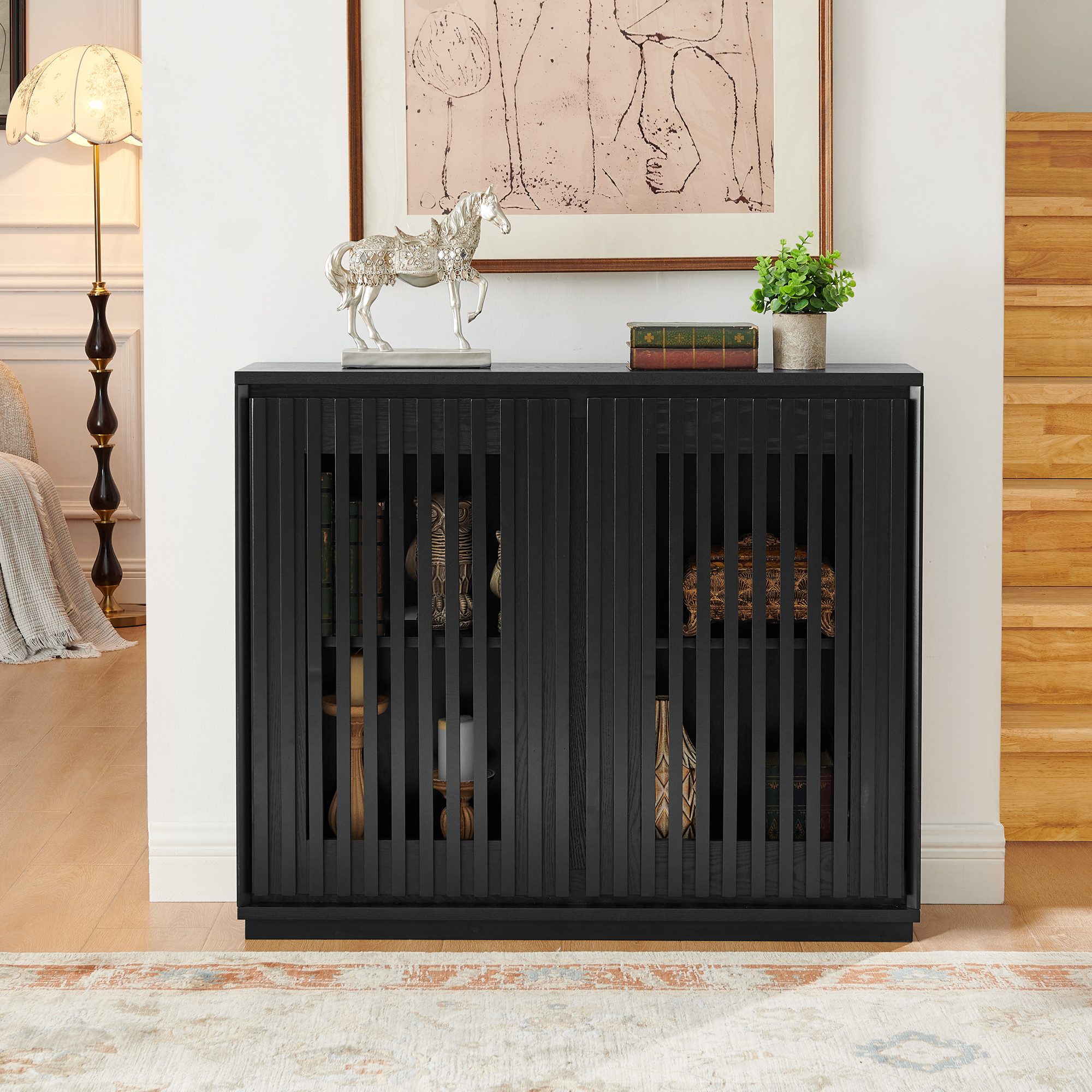 Celya Sideboard Buffetschrank Aufbewahrungsschrank mit 2 Tür (99 x 23.5 x 82.6, Mittelalterlich-moderner Stil, ausgehöhlter Schrank)