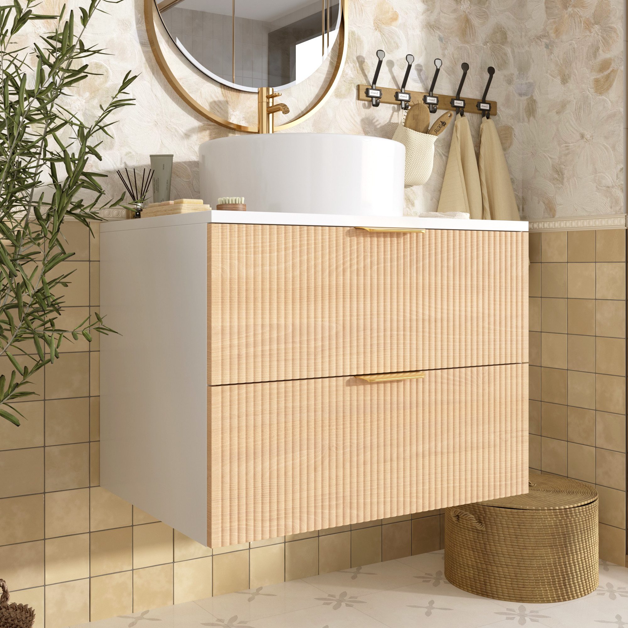 Flieks Waschtisch Badzimmerschrank mit 2 Schubladen in Holzoptik & runder Waschbecken (B60/T45/H60 cm, 1-St., wandhängend), Waschbeckenunterschrank mit Aufsatzb – Bild 4 von 5