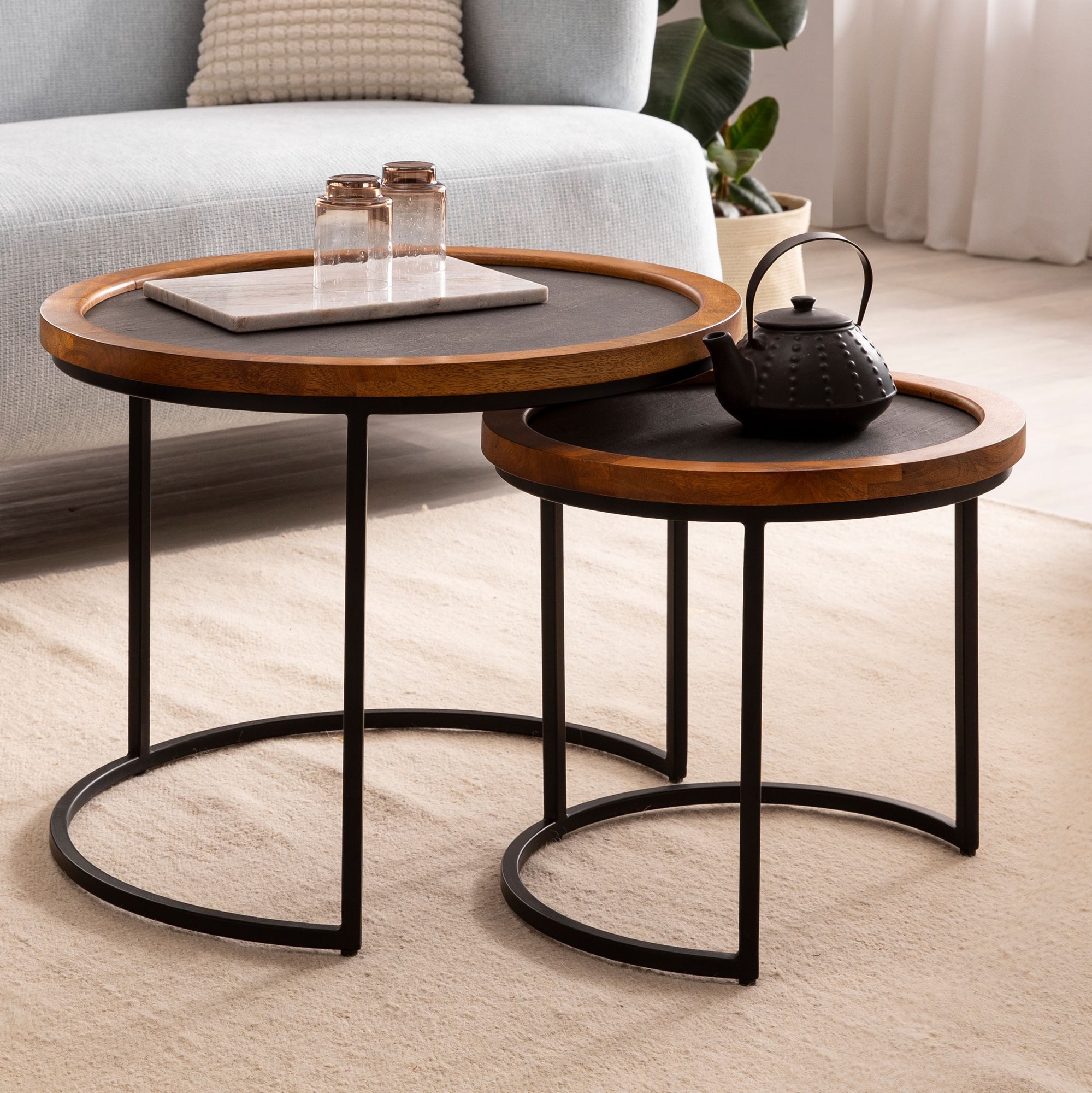 Wohnling Satztisch WL6.778 Couchtisch 2er Set Rund Holz / Steinoptik Wohnzimmertisch (Couchtisch 2er Set Mango Massivholz / Steinoptik), Wohnzimmertisch Modern, Sofatisch 2-teilig