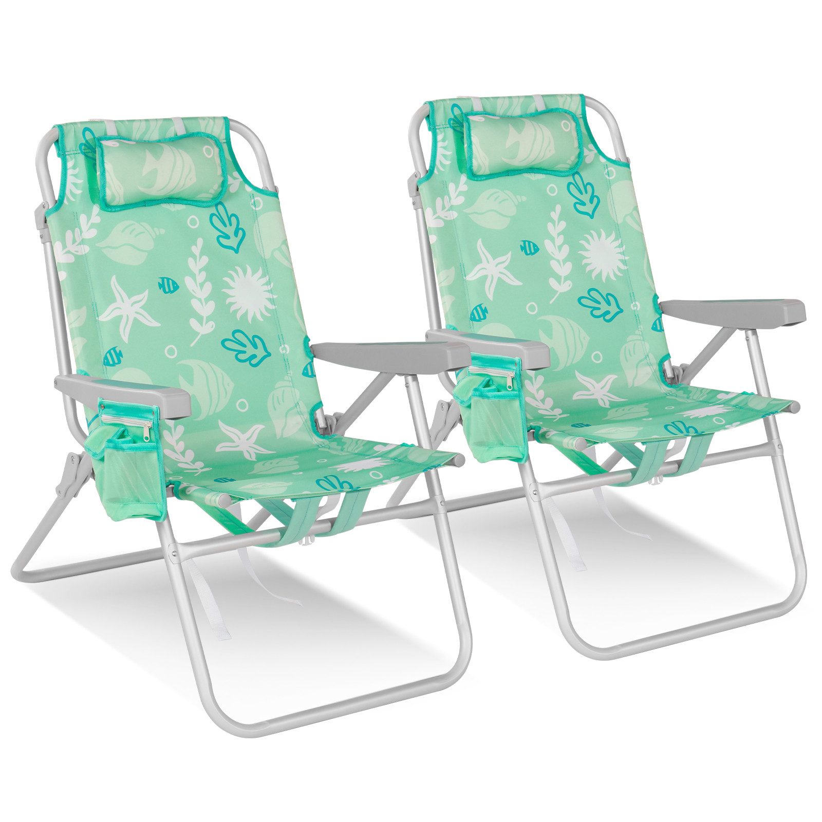HOMECALL Klappstuhl Strandstuhl Leicht Klappbar Camping, 5-fach verstellbare Rückenlehne (Bis150KG Aluminiumrahmen, groBe Kuhitasche und Aufbewahrungstasche, 2 St), Seitentaschen, Kopfstütze, Schultergurten, Handtuchhalter