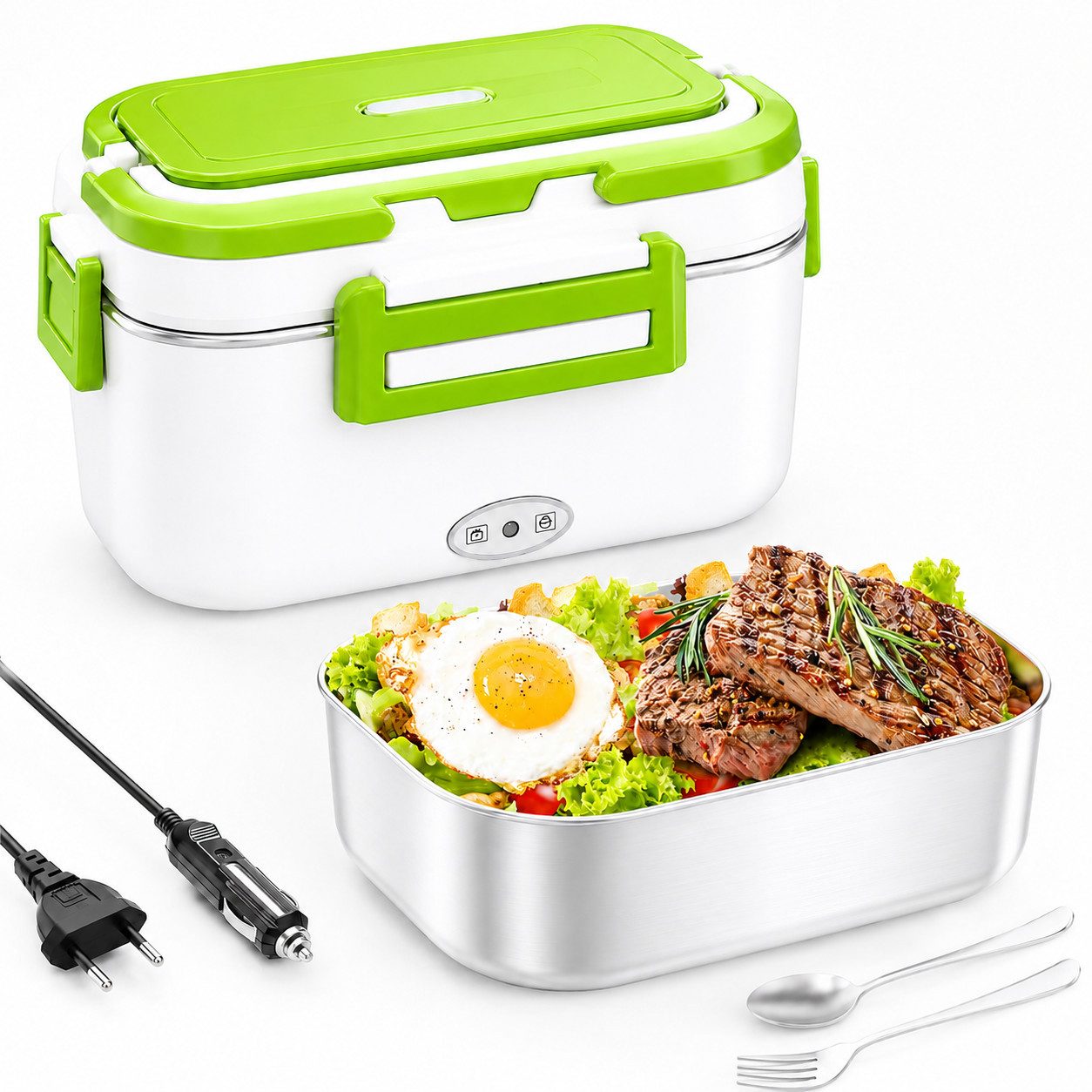 ibettertec Elektrische Lunchbox 1,8L, 12V/24V/230V, 80W Heizung & Warmhalten, 304 Edelstahl, (inkl. Besteck, Besteck- und Kabelfach, 4 Verschlüsse, Weiß-Grün), für Arbeit & Auto