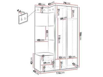 MIRJAN24 Garderoben-Set Orion Ryfel Slim XXIV, (Kleiderschrank, Schuhschrank, Kleiderhakenbrett, 7x Paneel 42x42), Spiegel, 8 Kleiderhaken für Kleidung, Metallgriffe