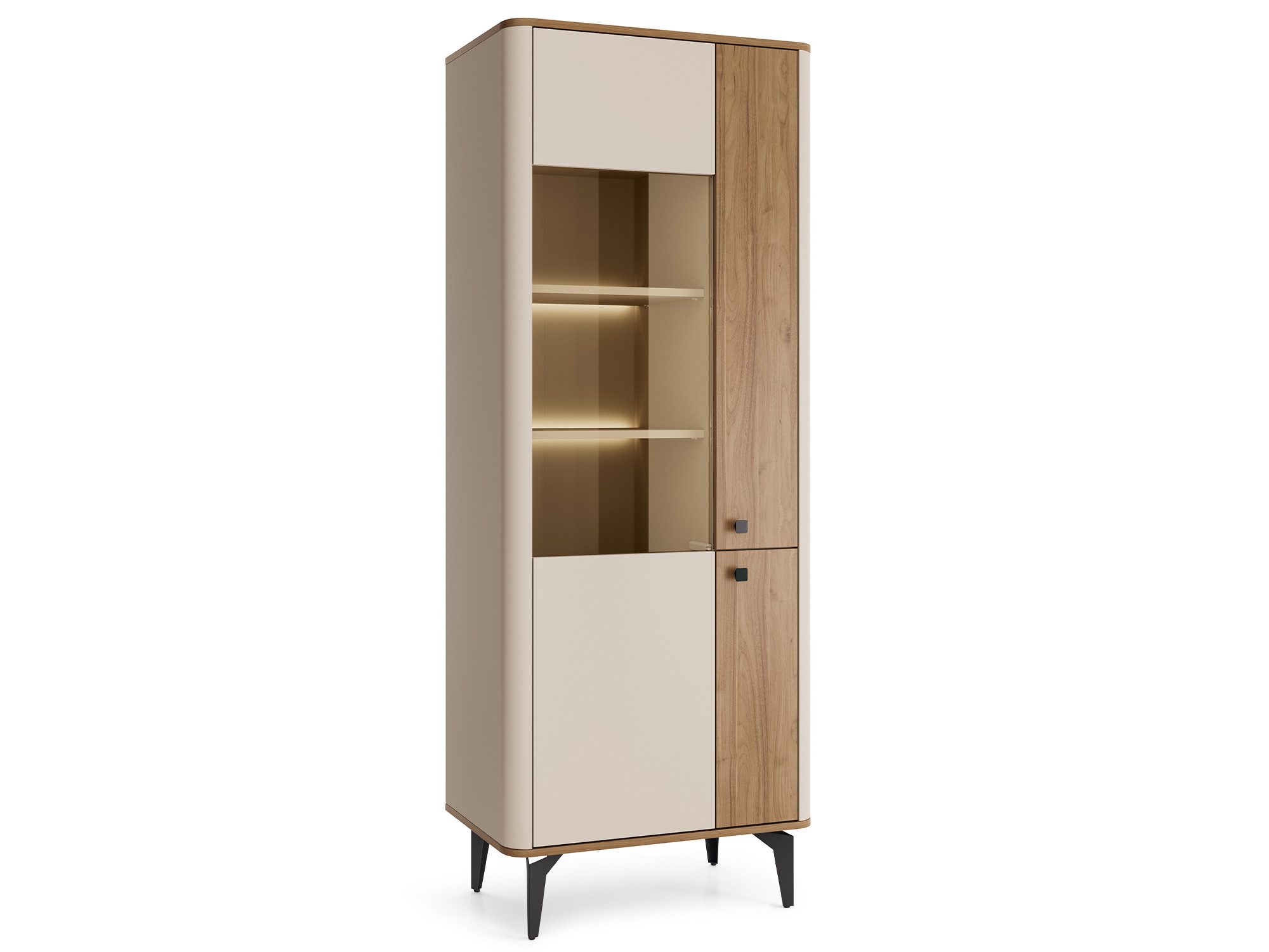 Beautysofa Vitrine AURORA Glasschrank mit Hartglas (Hohe Vitrine, modernes Design mit TIP-ON, mit LED-Beleuchtung oder ohne LED) Cashmere & Royal Nussbaum