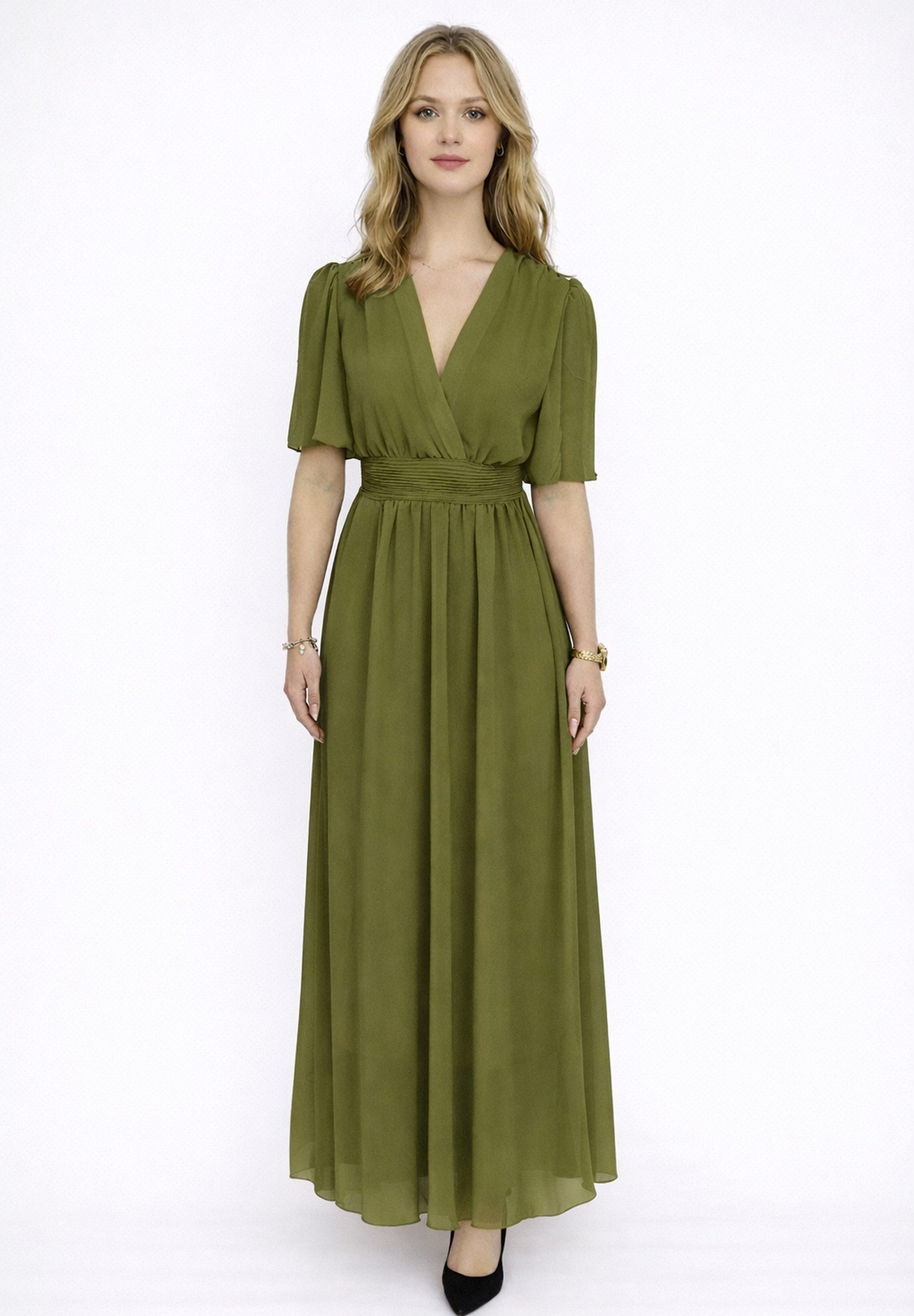 Elara Maxikleid Damen Maxikleid mit V-Ausschnitt, Flügelärmeln und gesmokter Taille (1-tlg)
