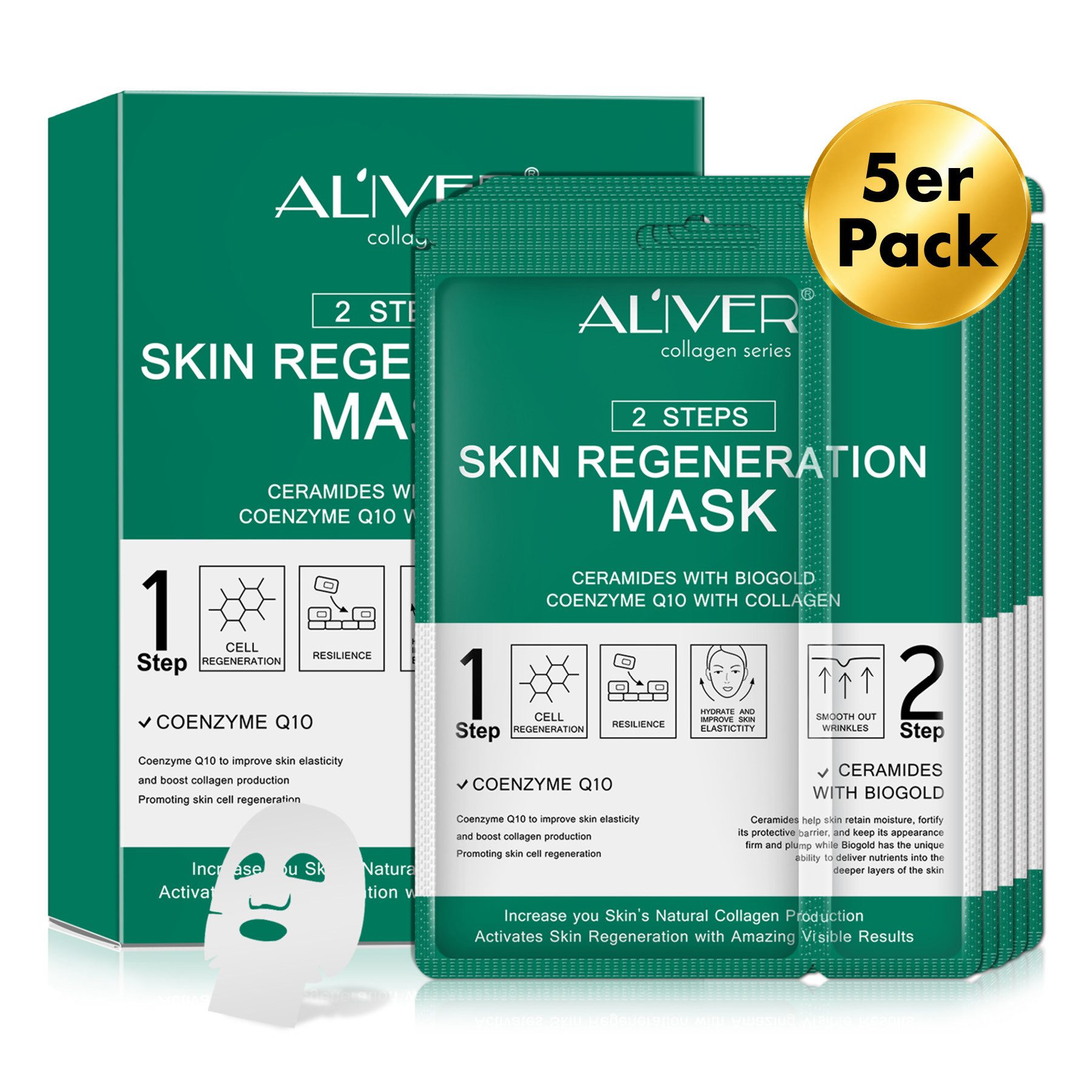 ALIVER Gesichtsmaske Tuchmaske 2-Step-System Anti-Aging Pflege mit Kollagen Coenzym Q10, 5-tlg., Hautstraffung, Nährend, Regenerieren, Revitalisieren, Verunreinigungen