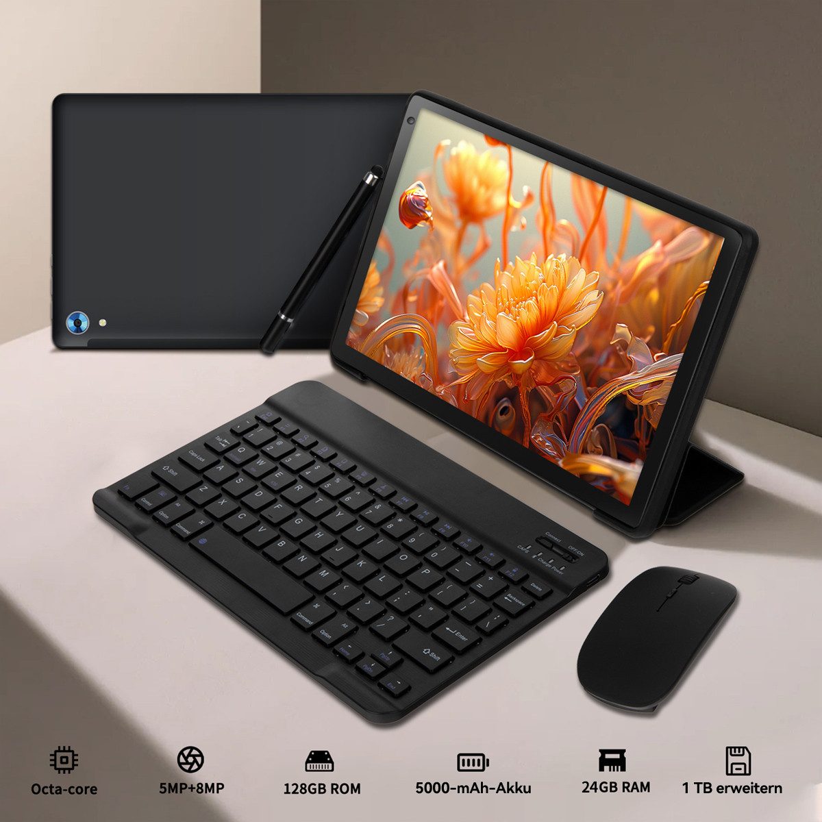 BUFO 10.1 Zoll Android, 4GB/6GB+128GB, 1280x800 HD, incl. Hülle Set Tablet (10", 128 GB, Android 15, Octa core mit Tastatur, Stift, Maus, Hülle, Kopfhörer, WiFi 6 BT 5)