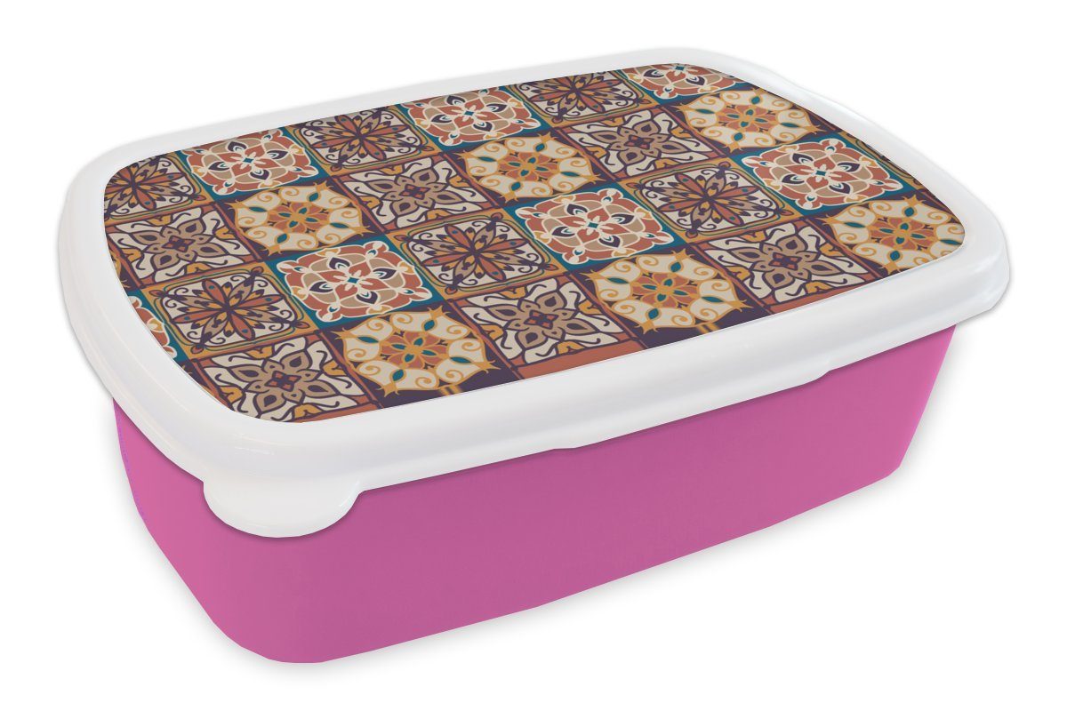 MuchoWow Lunchbox Vektor - Fliese - Abstrakt - Muster, Kunststoff, (2-tlg), Brotbox für Erwachsene, Brotdose Kinder, Snackbox, Mädchen, Kunststoff rosa