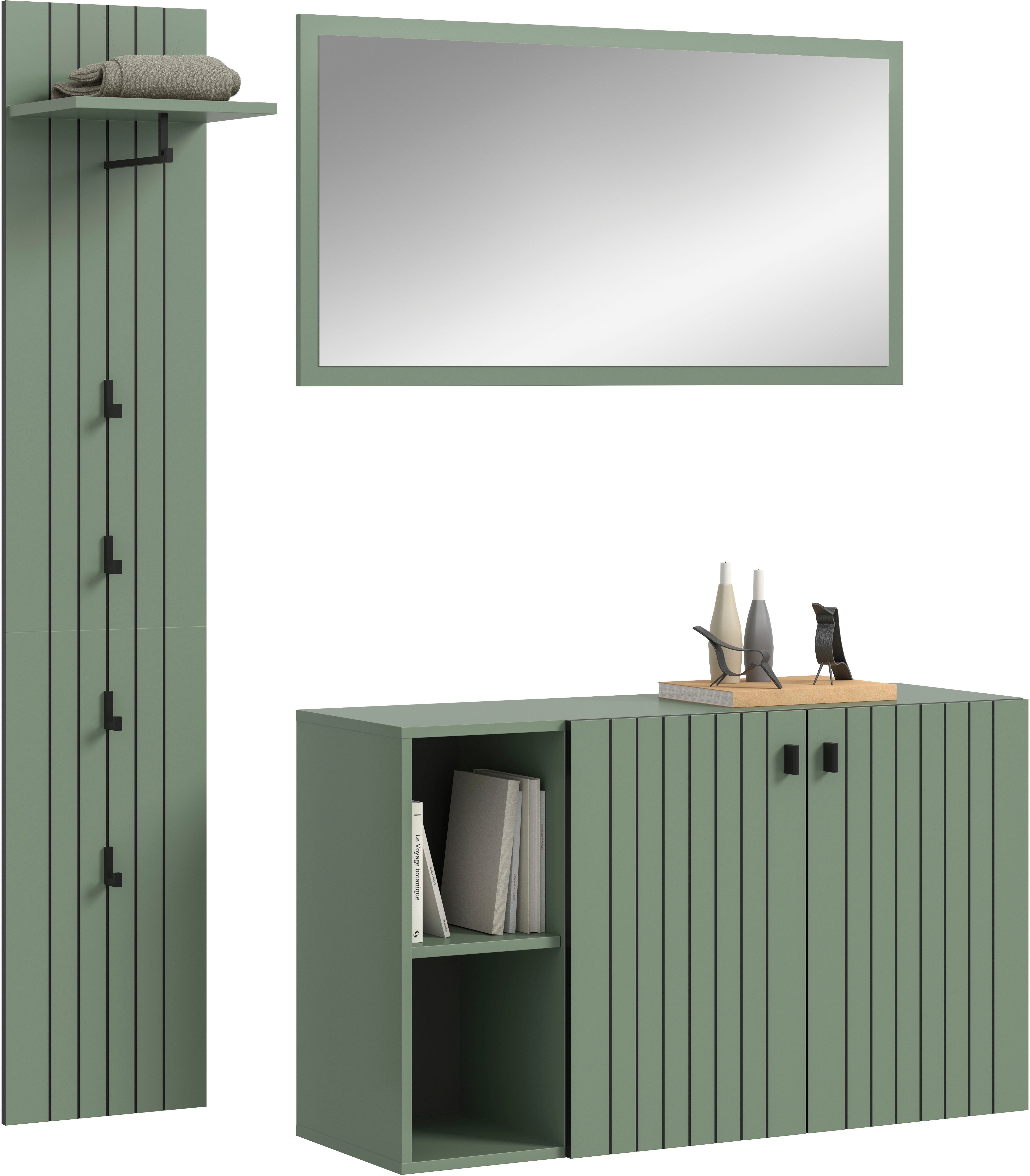 Home affaire Garderoben-Set TATIO, 3-tlg. Garderobenkombination, Breite: 152 cm, Rilenfräsung, (Set, 3-St., Set, best. aus: 1 Garderobenpaneel, 1 Spiegel, 1 Schuhkommode), Garderobenkombination, Kombi, Flur-Möbel, Spiegel,Schuhkommode