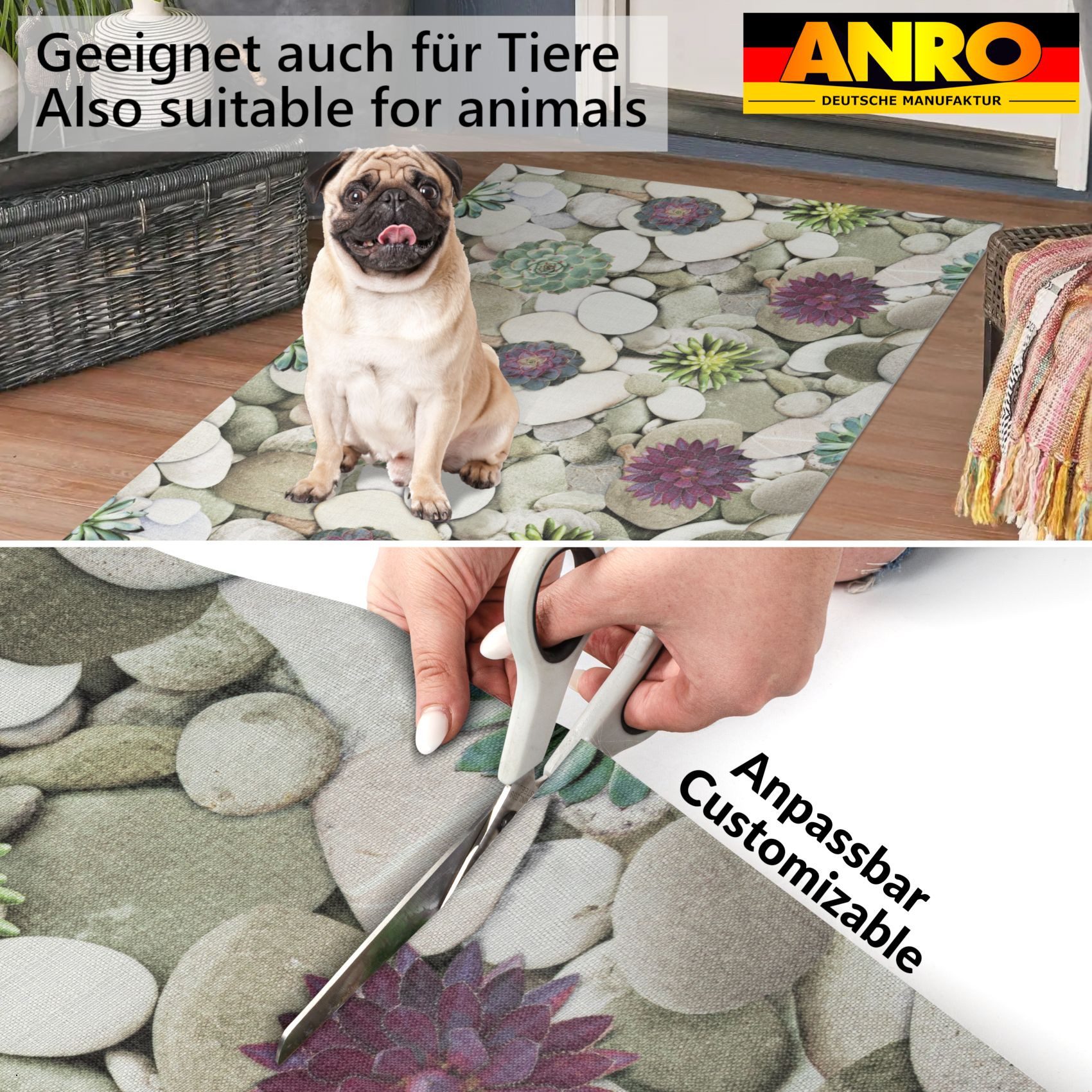 ANRO Küchenläufer RANNA Hochwertig Küchenteppich Teppich Textil, Eckig, Bodenläufer 100x65cm Spa Steine Grau pflegeleicht – Bild 4 von 5