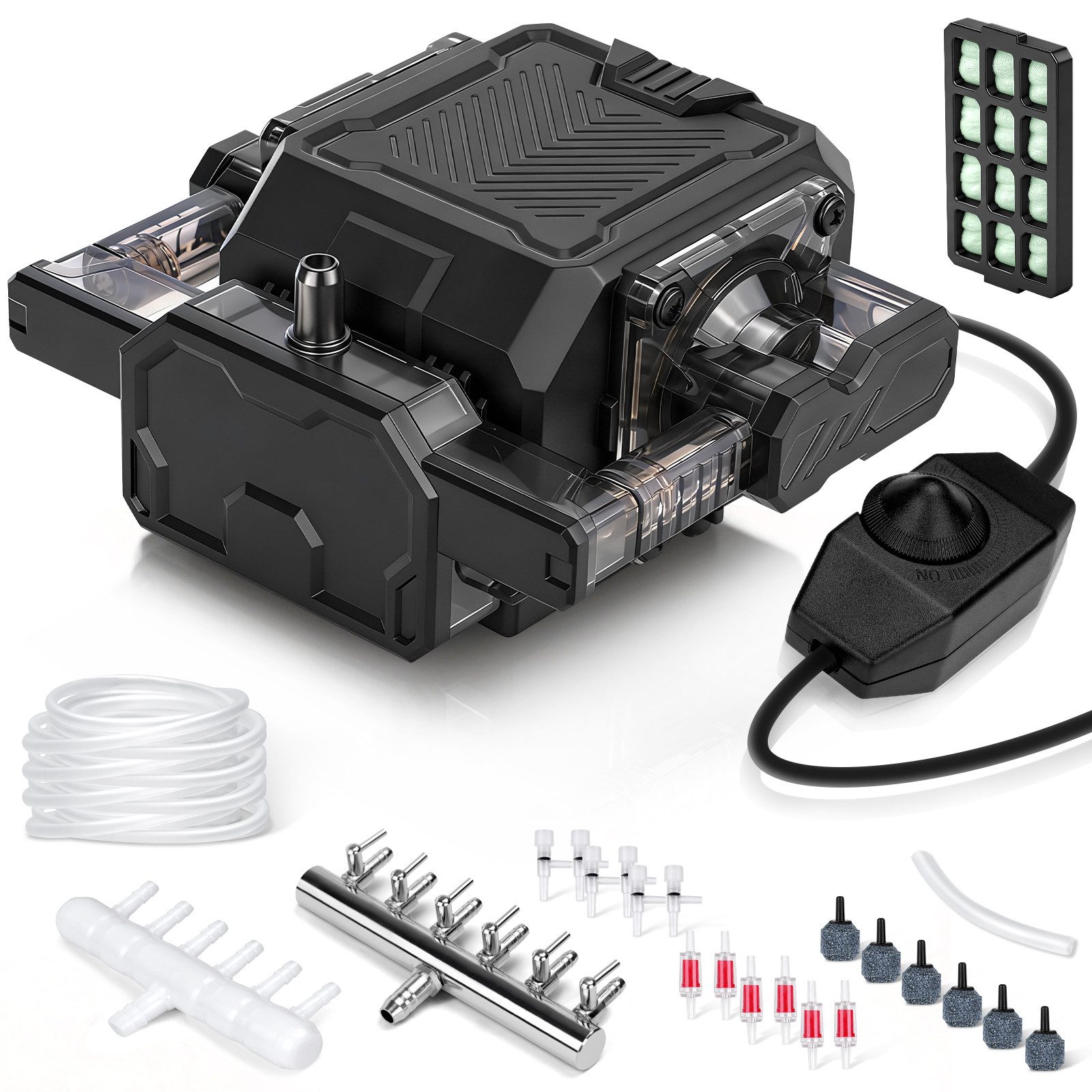 XIIW Aquarienpumpe 18W 2700L/H Luftpumpe Aquarium Sauerstoffpumpe Teichbelüfter Regelbar (6 Luftstein + 6 Ausgänge Mit Kupfermotor, Verteiler), Aquarium-Durchlüfterpumpe für Aquarium, Teich & Hydrokultur