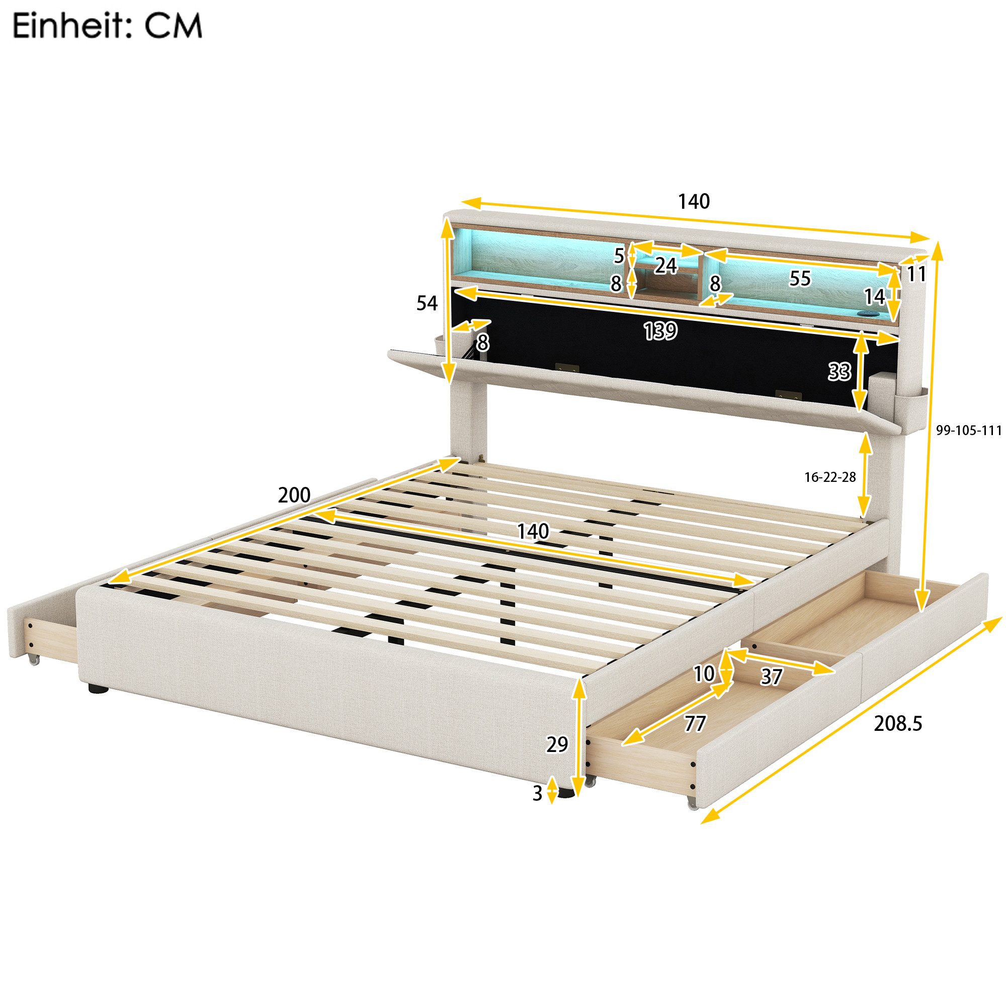 TavilaEcon Polsterbett Jugendbett Doppelbett mit aufladen USB und LED-Beleu günstig online kaufen