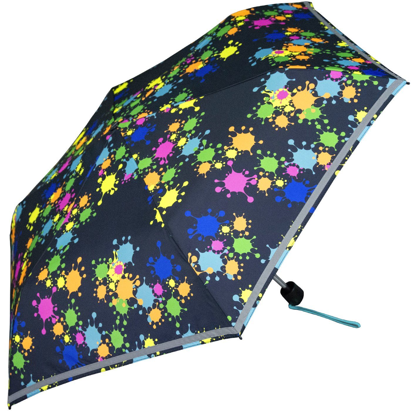 Knirps® Taschenregenschirm Kinderschirm 4Kids reflective mit Reflexborte, Sicherheit auf dem Schulweg, bunte Paintdrops – Bild 4 von 5