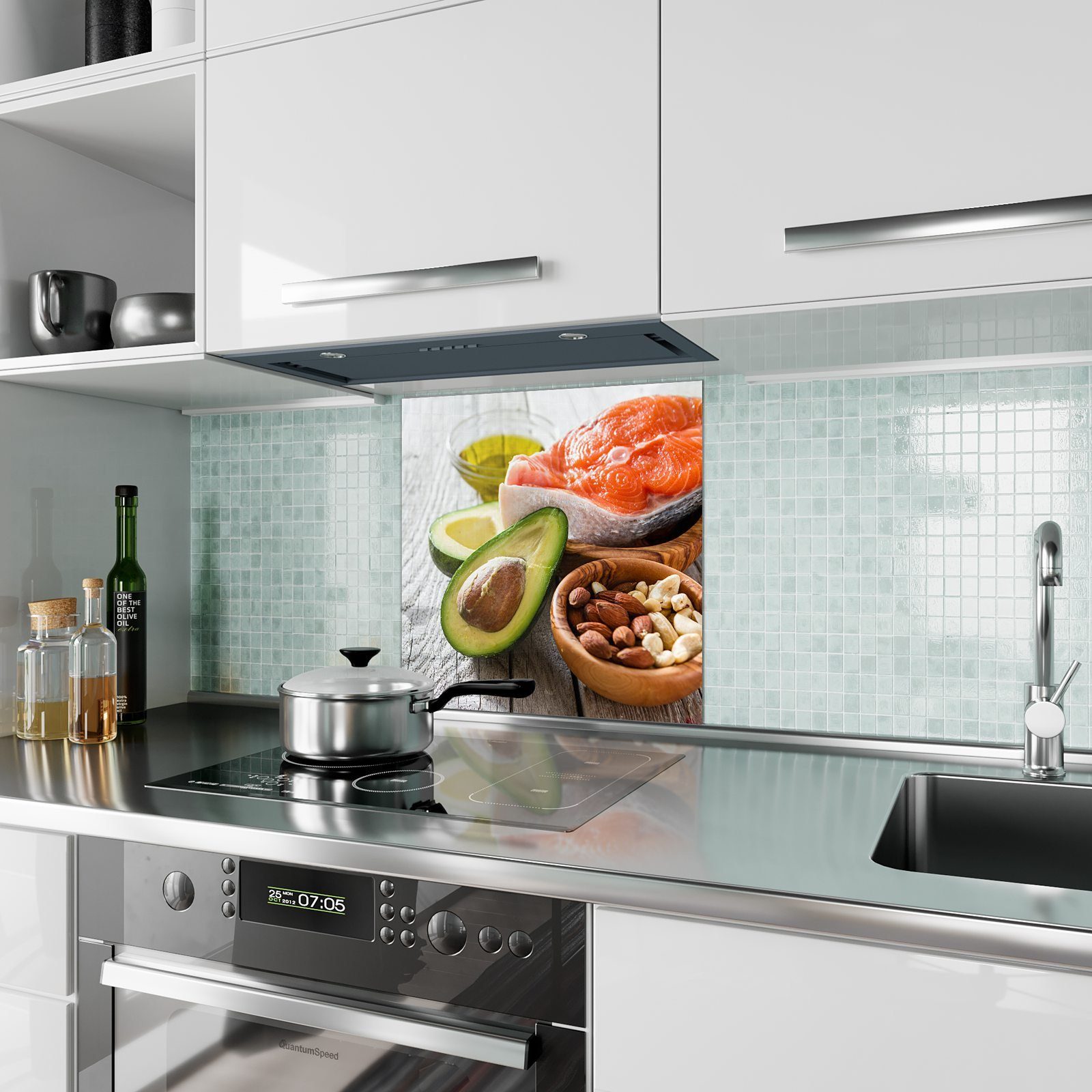 Glas Küchenrückwand und Motiv Primedeco Spritzschutz Avocado Küchenrückwand mit Lachs