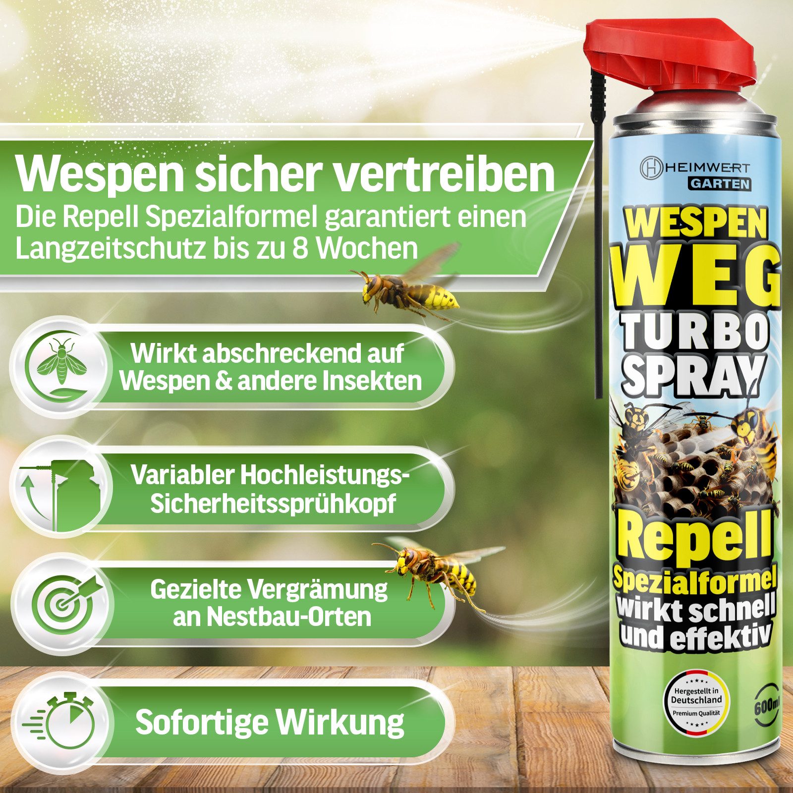 HEIMWERT Wespenspray Wespensabwehr Wespennest entfernen, 600 ml, Sicher Wespennest entfernen dank Spezialformel Made in Germany