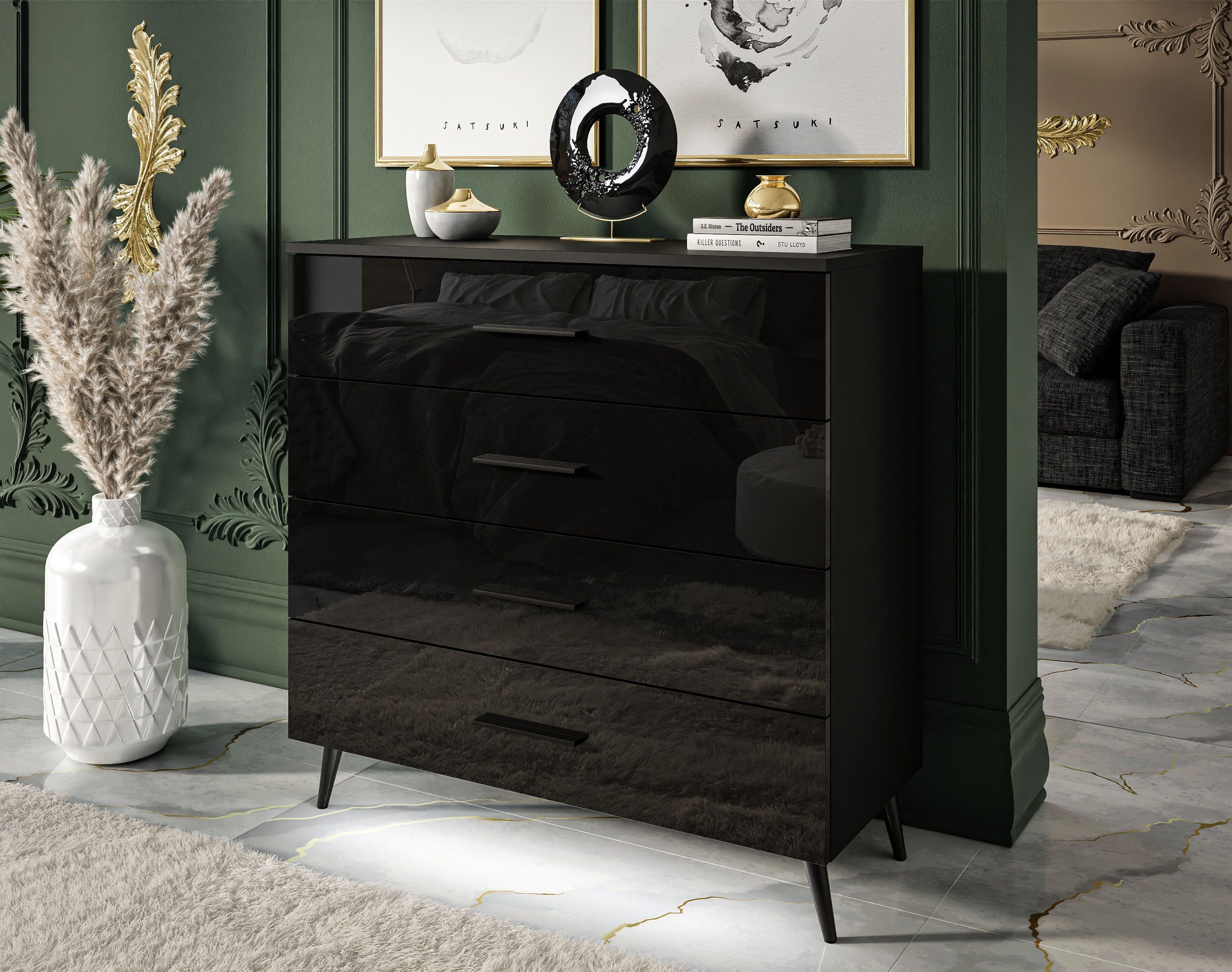 Lookway Kommode AURA 4S Schwarz mit Schubladen und Griffe