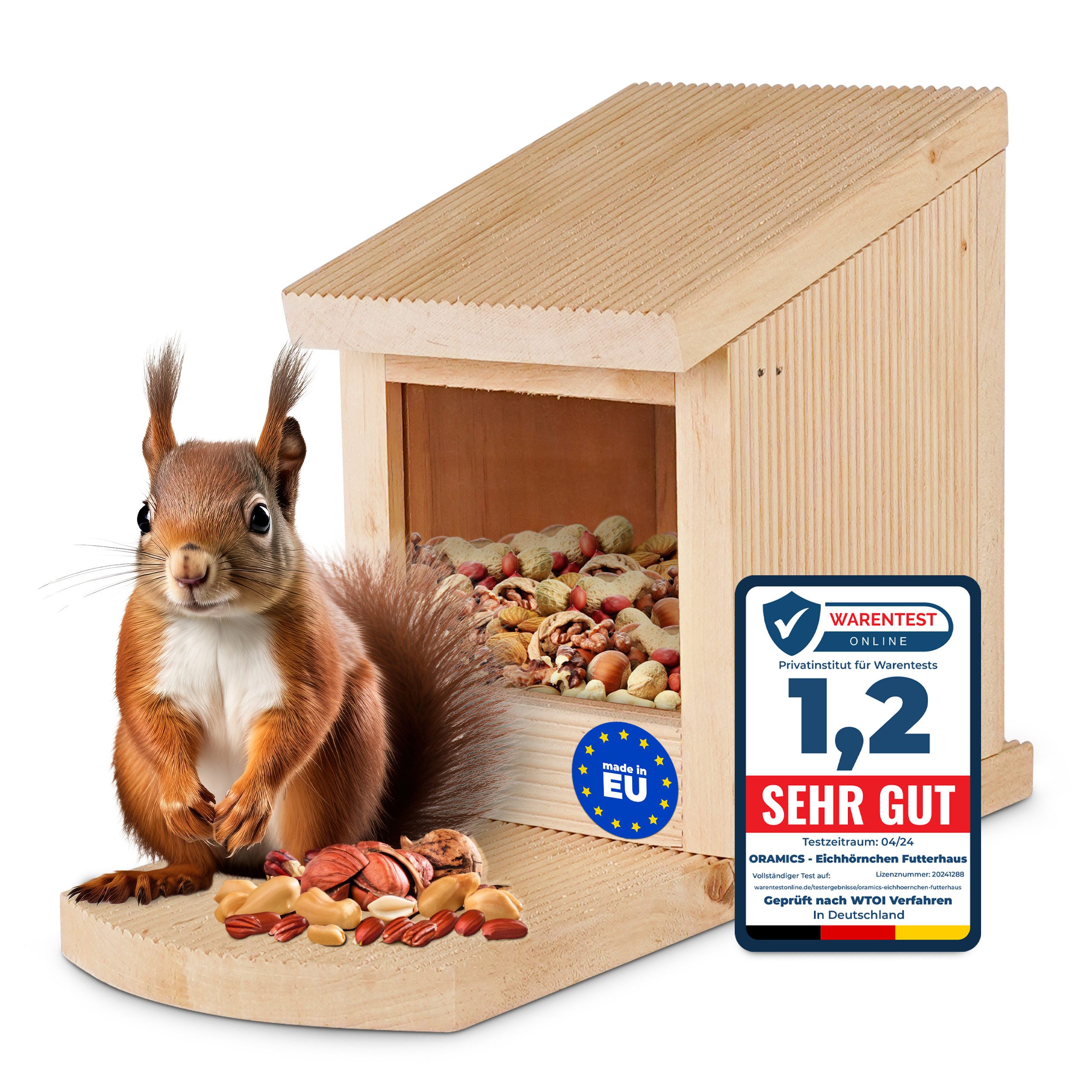 Oramics Eichhörnchenkobel 1x Eichhörnchen Holz Futterhaus Futterstelle Futterbox zum Aufhängen, mit großem Sichtfenster für Optimale Futter-Überwachung