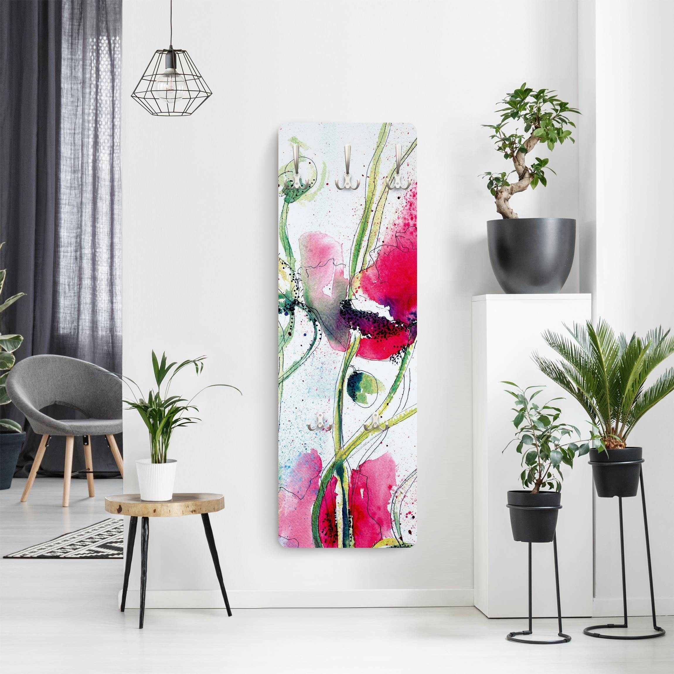 Bilderdepot24 Garderobenpaneel violett Blumen Floral Kunst Aquarell Painted Poppies Design (ausgefallenes Flur Wandpaneel mit Garderobenhaken Kleiderhaken hängend), moderne Wandgarderobe - Flurgarderobe im schmalen Hakenpaneel Design