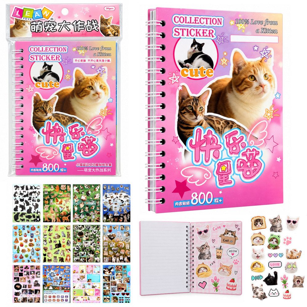 LEAN TOYS Stickerbuch Katzensticker Aufkleberalbum Kreativalbum, 800 Sticker, Katzen-Memes, matt & glänzend, Spiralbindung