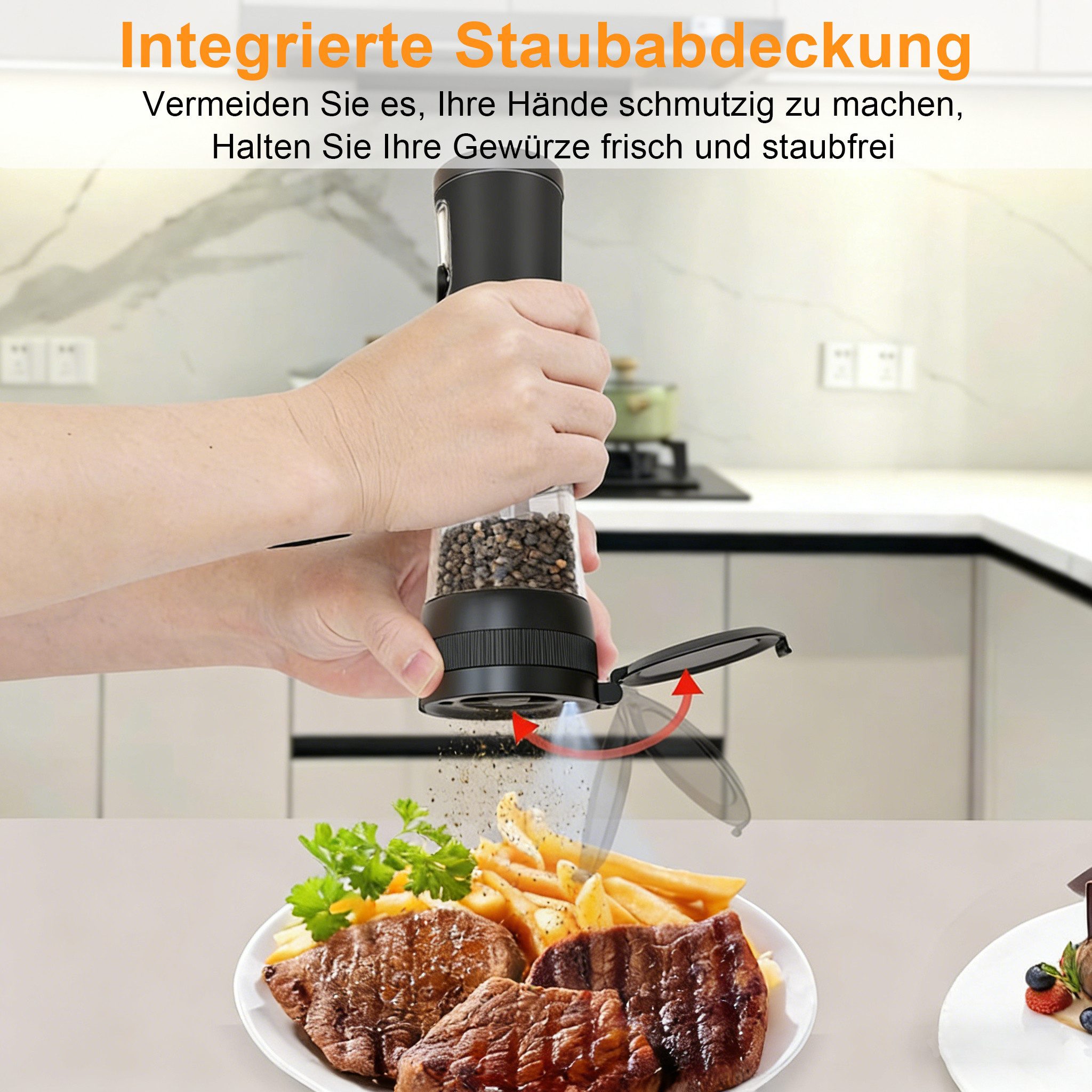 ibettertec Salz-/Pfeffermühle Salz und Pfeffermühle Salzmühle 2er Set Elektrisch USB Aufladbar (Wiederaufladbar, LED Beleuchtung, mit einstellbarem Keramikmahlwerk, Reinigungsbürste Bürste), für BBQ, Restaurant, Küche