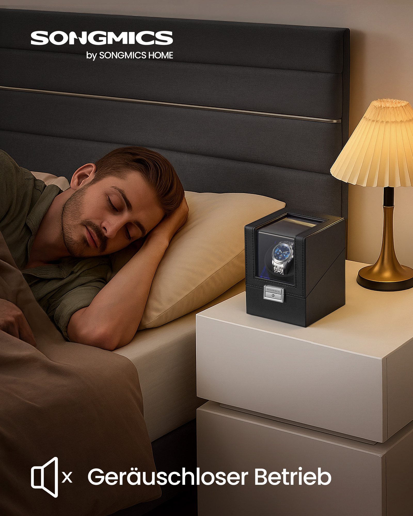 SONGMICS Uhrenbeweger Uhrenbox, Premium-Motor, mit LED-Licht, verstellbarem Uhrenkissen, Automatik Uhrenbeweger 2Uhr, Schloss, 4 Rotationsmodi, USB-C-Ladekabel – Bild 2 von 5