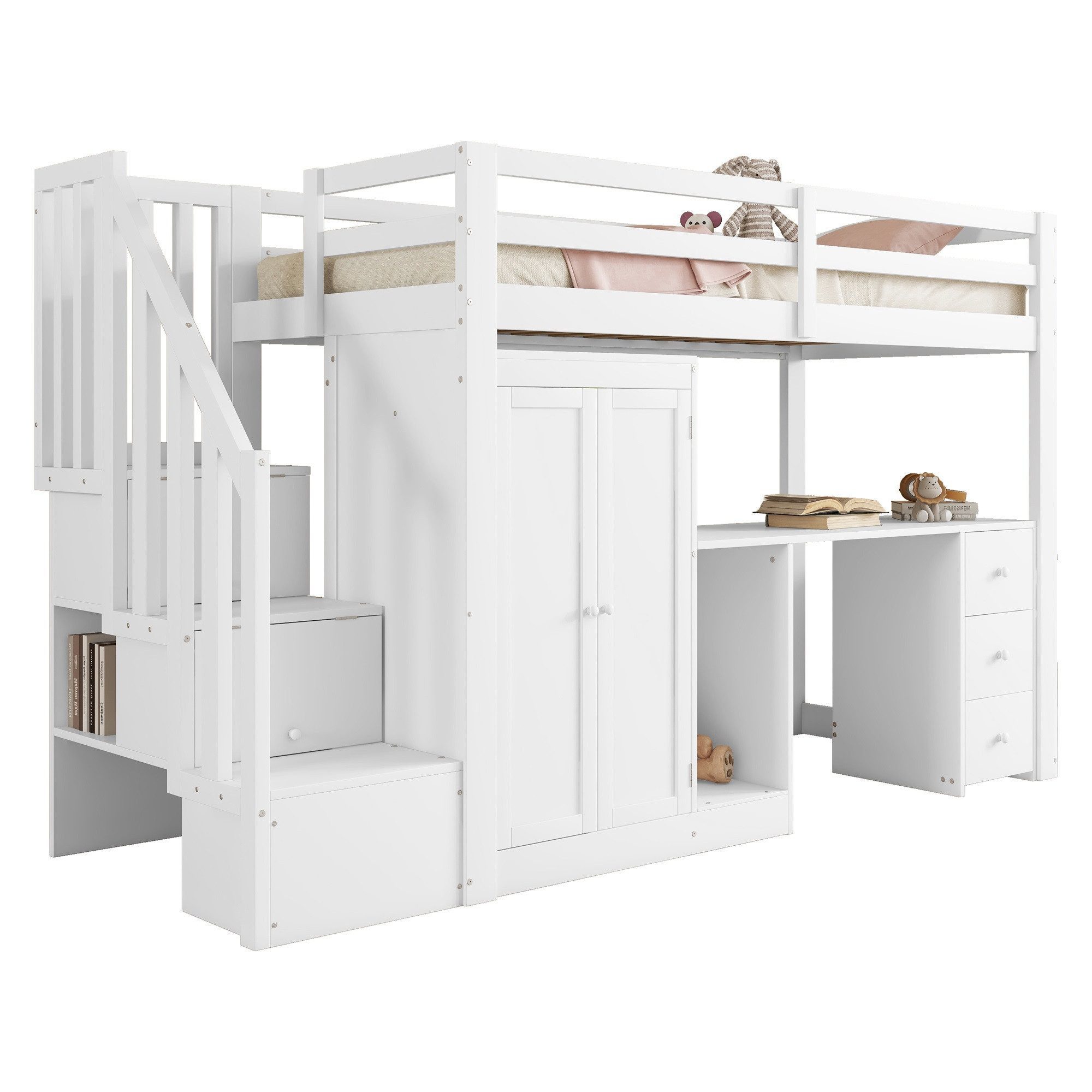 Ulife Hochbett 90x200cm, Stauraum mit Schreibtisch & Kleiderschrank, Kinderbett (1-St., Ohne Matratze) mit Treppe,Lattenrost, stabil & ideal für Kinder- und Jugendzimmer.