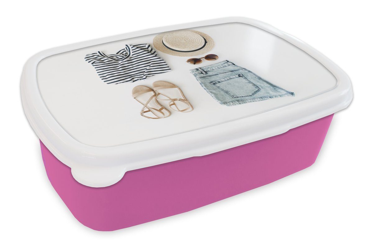 MuchoWow Lunchbox Tropical - Kleidung - Hut, Kunststoff, (2-tlg), Brotbox für Erwachsene, Brotdose Kinder, Snackbox, Mädchen, Kunststoff rosa