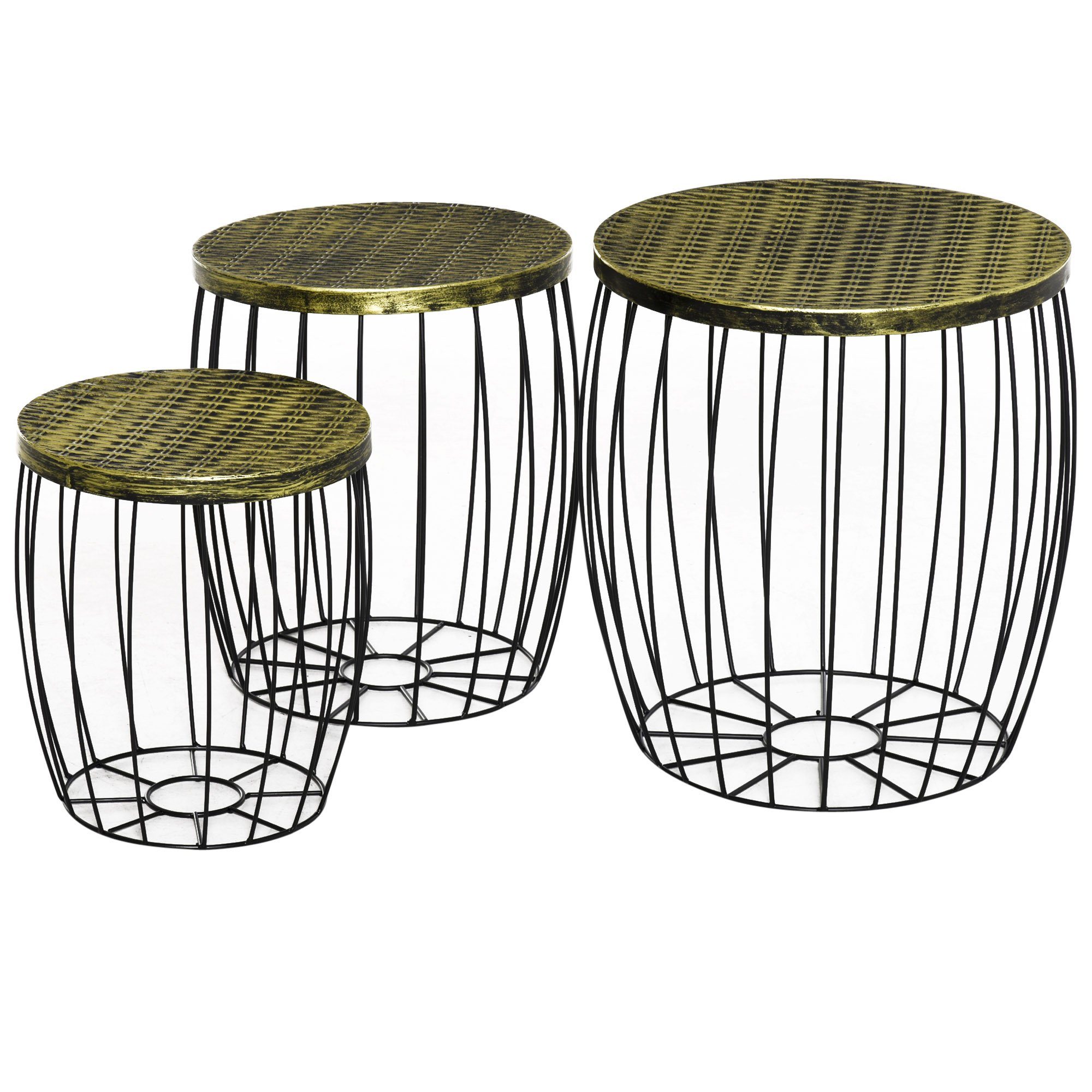 Outsunny Gartentisch Retro Metallkorb Drahtkorb Garten Satztisch Gartenmöbel Outdoor Balkon (Couchtische, 3-St., Beistelltische), Metall, Natur+Schwarz, 3 Größen
