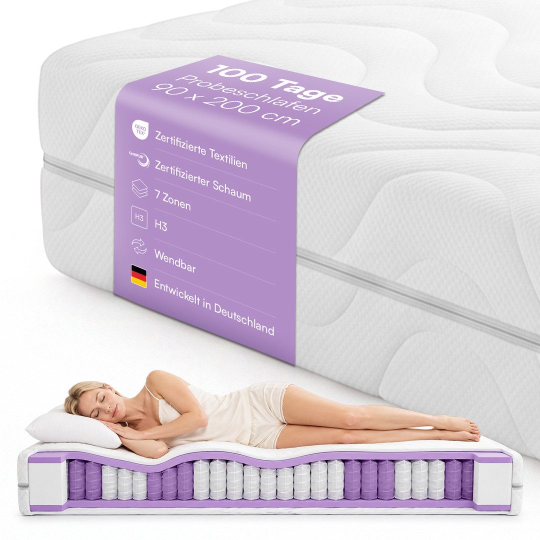 Taschenfederkernmatratze Lift mit Komfortschaum, 7 Zonen Matratze, Bellamio, (90x200 cm, CE-zertifiziert), Schaumstoffmatratze H3 atmungsaktiv & wendbar